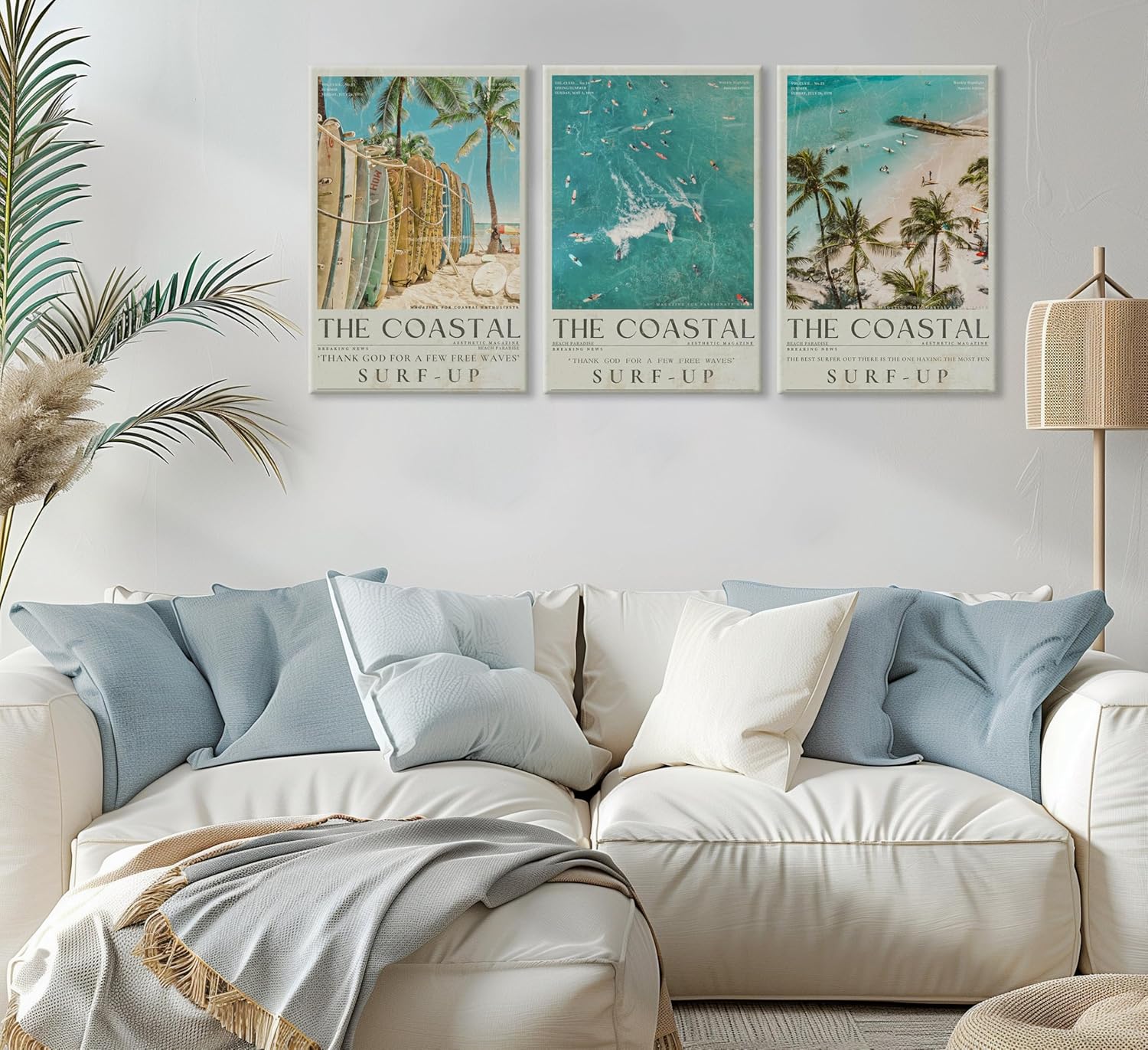 Beach Surfing Canvas Wall Art Retro Newspaper Beaches Surfboard Painting Picture Wall Decor Summer Coastal Granddaughter Room Preppy Surf Up Poster Print Artwork for Dorm Bedroom Apartment Home Decor