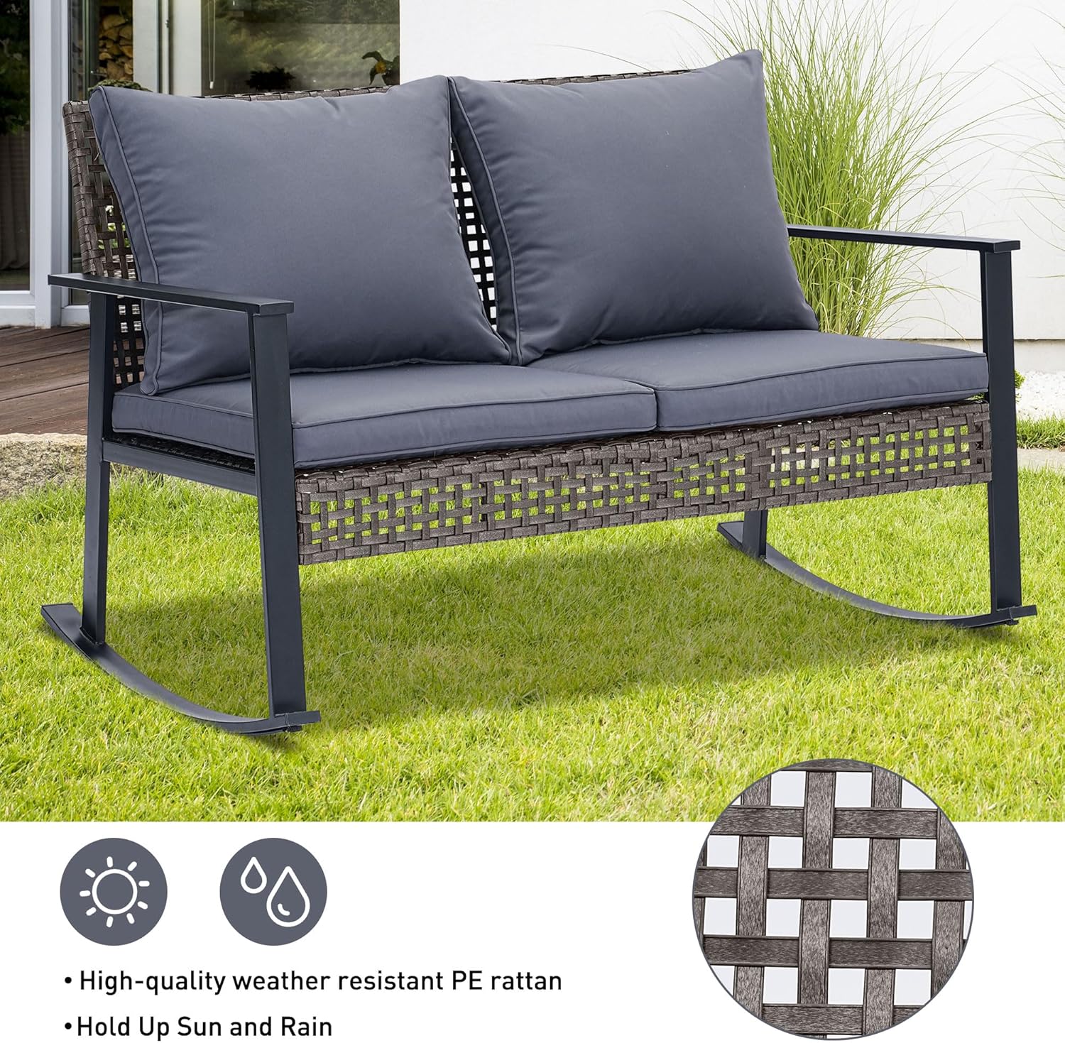 GDY Outdoor Wicker Loveseat Rocking Chair, Patio Outdoor Furniture Conversation Sets, Rattan Rocker Chair with Cushions, Modern Cozy Rocking Wicker Furniture for Garden, Porch, Poolside & Deck, Grey.