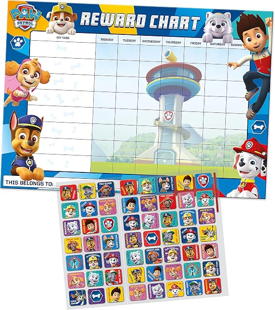 Paper Projects 01.70.30.024 Paw Patrol Everyday Reward Chart and 56 Sparkly Stickers, 29.7cm x 42cm