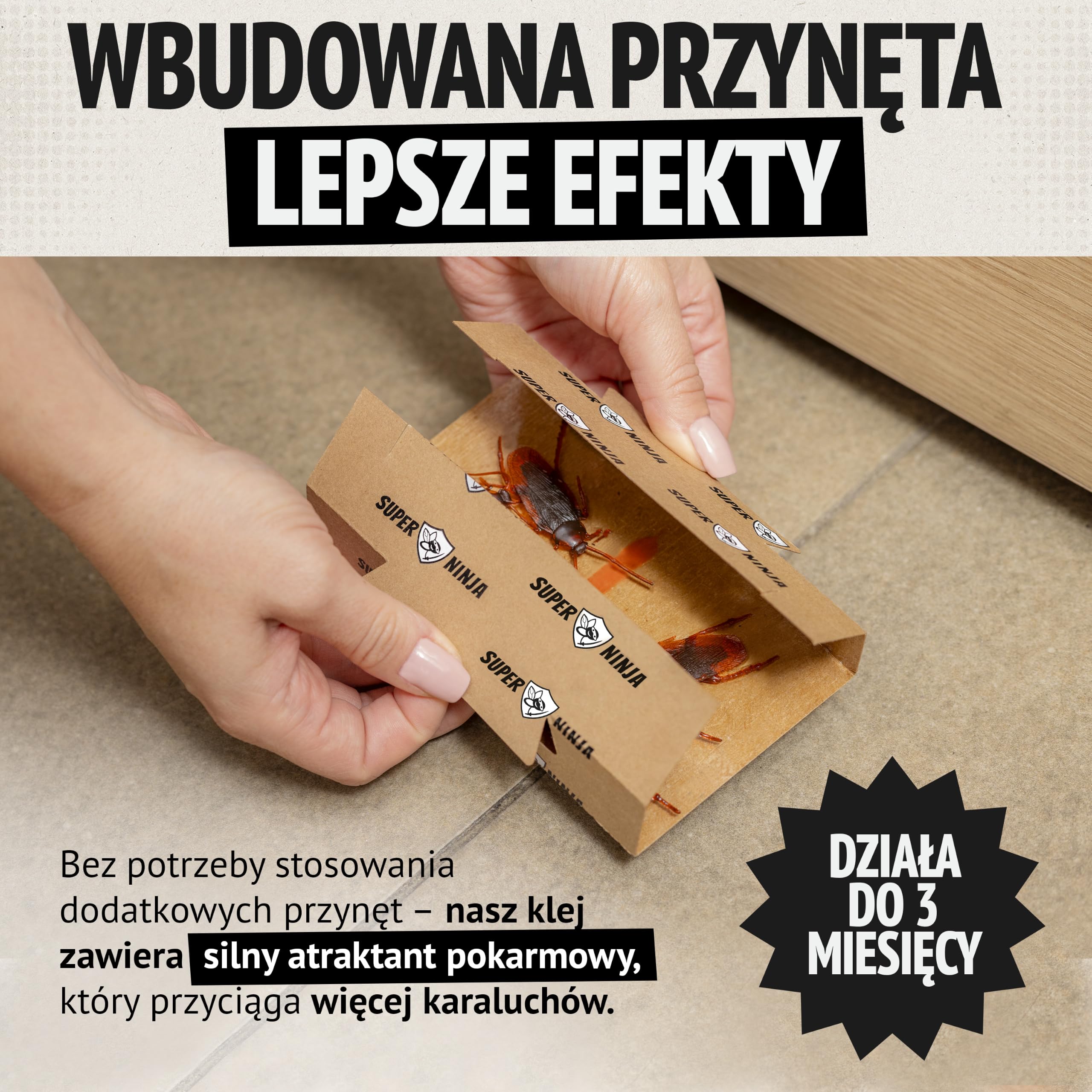 Super Ninja Pułapki lepowe na karaluchy i prusaki do domu – 60 szt., z atraktantem spożywczym, bez toksycznych substancji, do kuchni, łazienki, garażu i piwnicy