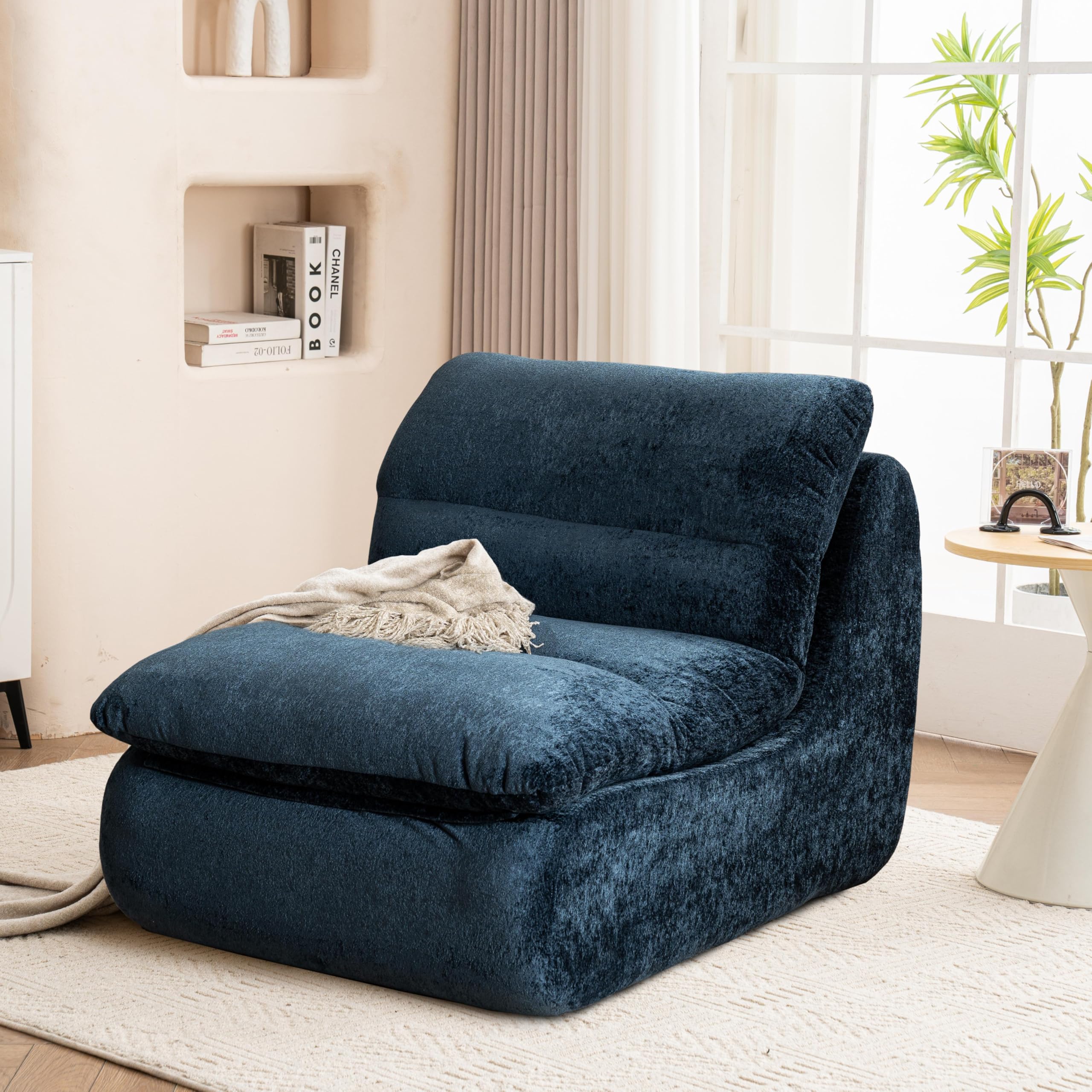 VKNOW Bean Bag Chair for Adults, Upholstered Chenille Sofa with High-Rebound Memory Foam, Modern Comfy Reading Chair for Living Room Bedroom Dorm Apartment, Blue