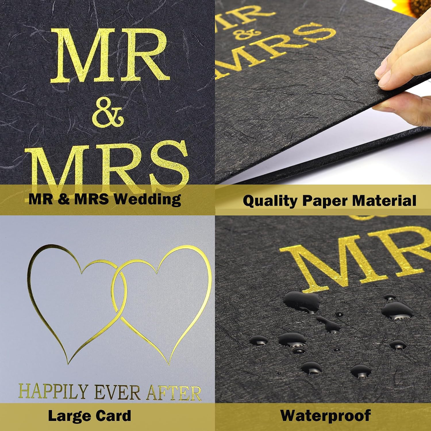 Large Wedding Card, MR and MRS Greeting Card, Black Gold Wedding Shower Cards Congratulations Engagement Cards, Bridal Shower Guest Signature Book for Party Decorations
