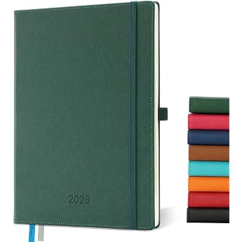 Calendar 2026 A4 Book Calendar 29 x 21.7 cm Diary 1 Week 2 Pages 2026 Weekly Planner Notebook 12 Months Jan Dec. with 100GSM Paper & Pen Loop PU Leather Green