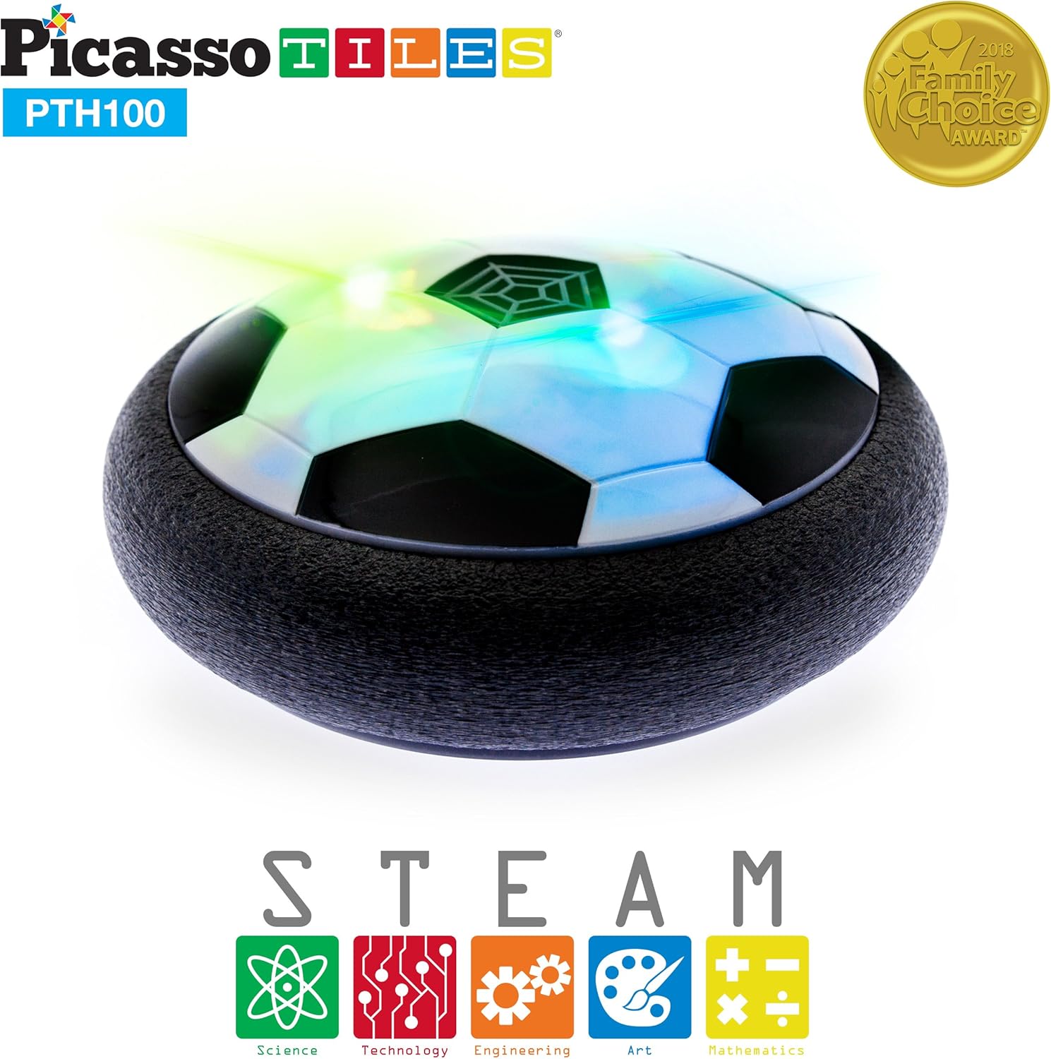 PicassoTiles Hoverball Air Hockey Soccer Floating Disc with LED Light Airlift Power Soft Bumper Indoor Gliding Toy Battery Operated Movement Training Game for Physical Activity Kids Age 3 Plus PTH100