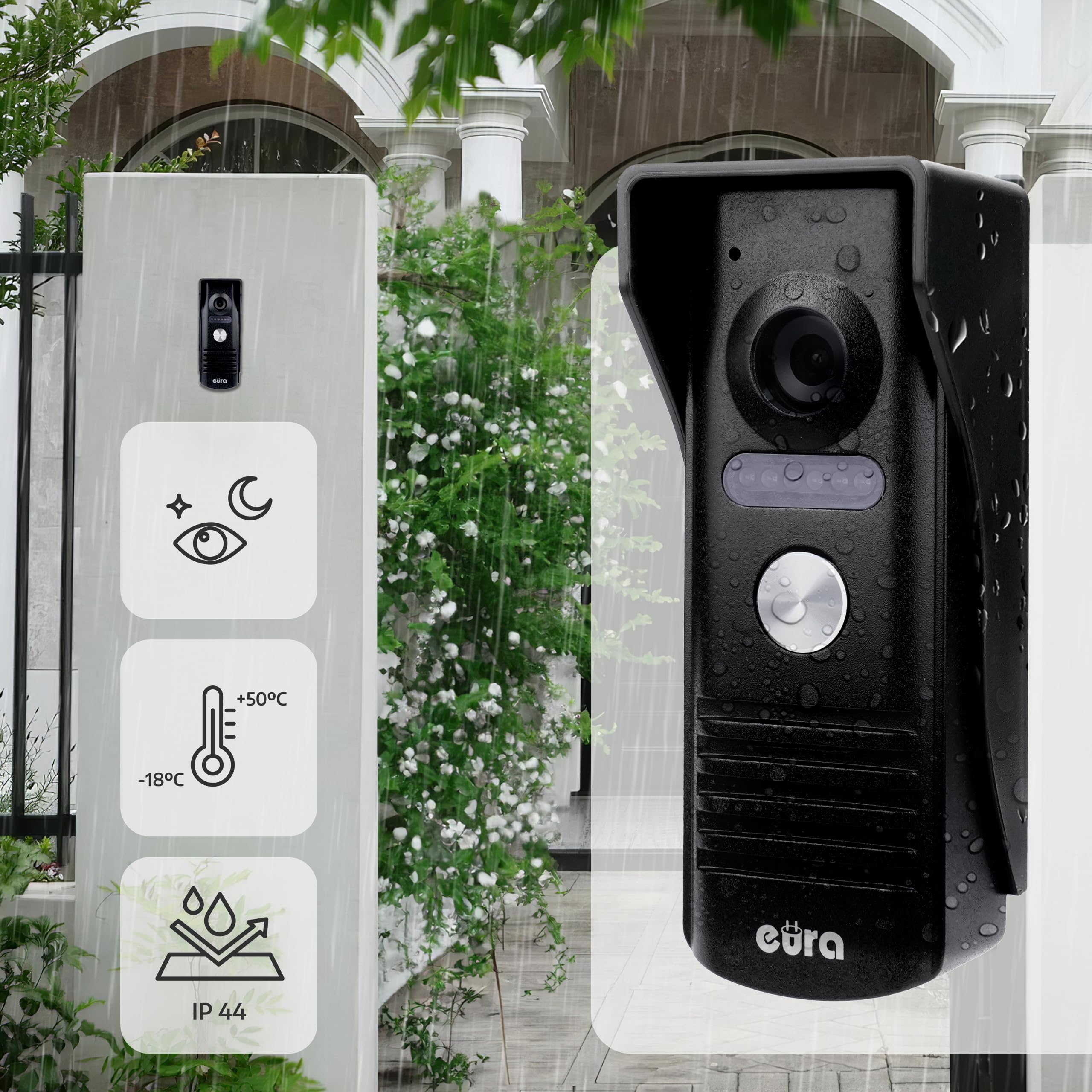 EURA Interphone vidéo VDP-52A3 ATIRA 4 fils, moniteur couleur 4,3 pouces, 2 entrées, 1 moniteur, blanc