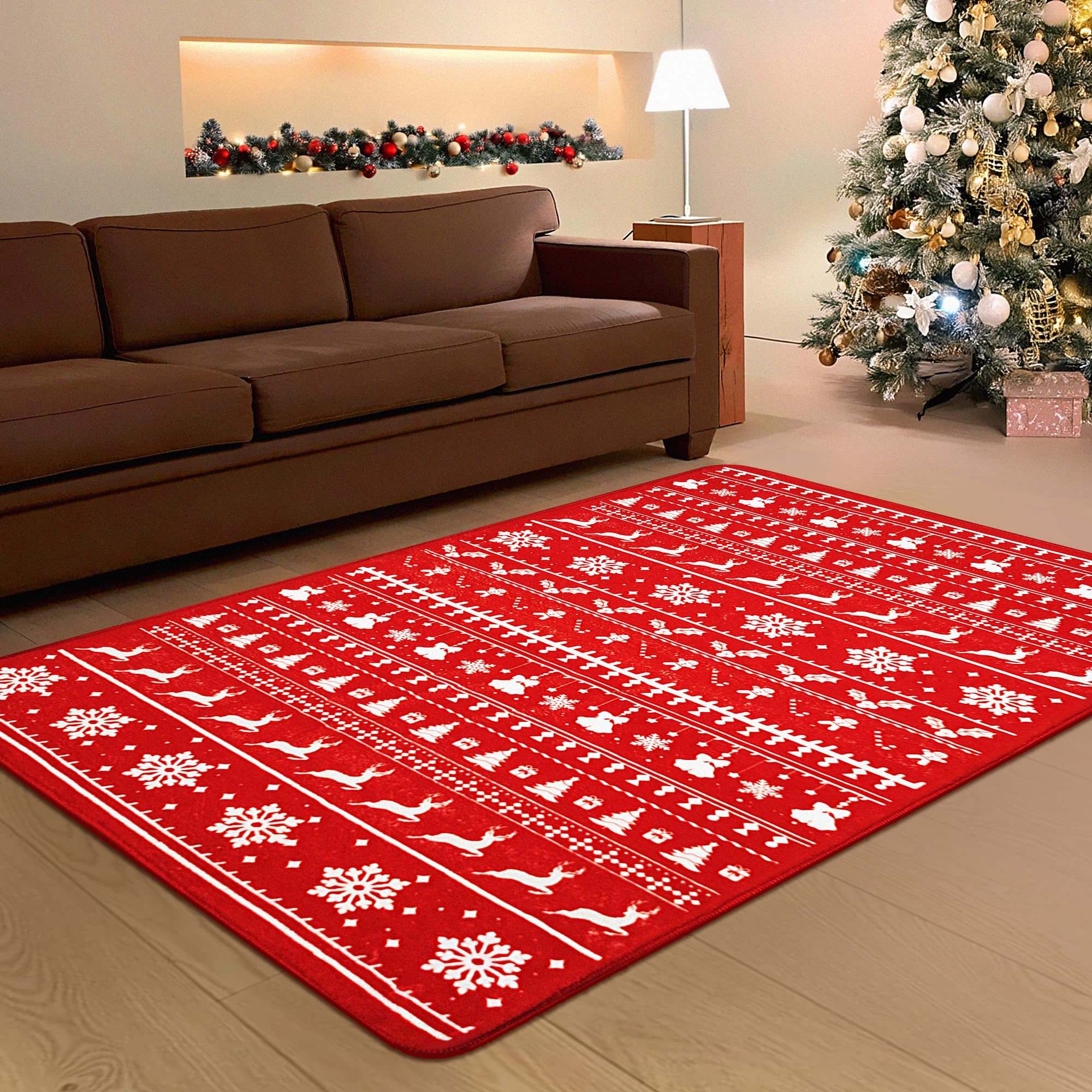 Alfombra de Navidad de 3 x 5 pies, diseño de copos de nieve y árbol de Navidad, alce, de perfil bajo, lavable a máquina, alfombra de interior, decorativa, antideslizante, para sala de estar y