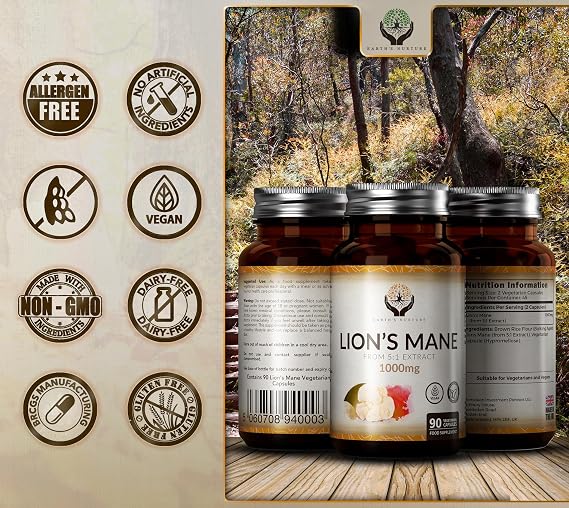 EN Lion's Mane Mushroom, 90 Capsules, 1000mg 5:1 Lions Mane Extract | Lion's Mane Extract Capsules - 1000mg Per Serving | Vegan Mushroom Complex | Non-GMO, Gluten & Allergen Free | Made in The UK