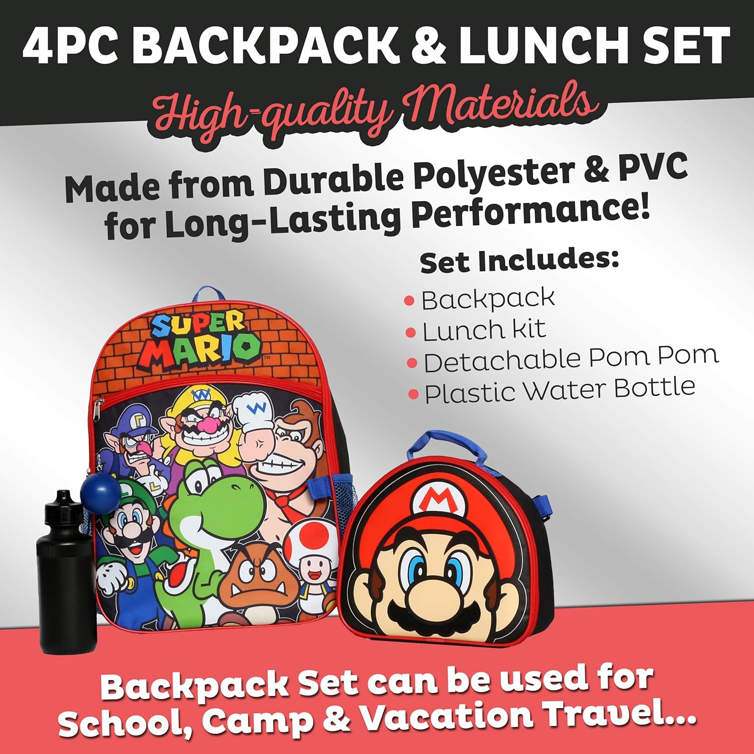 Nintendo Super Mario Bros Backpack with Lunch Box Set for Boys & Girls, 16 inch, 4 Piece Value Set: Clothing, Shoes & Jewelry