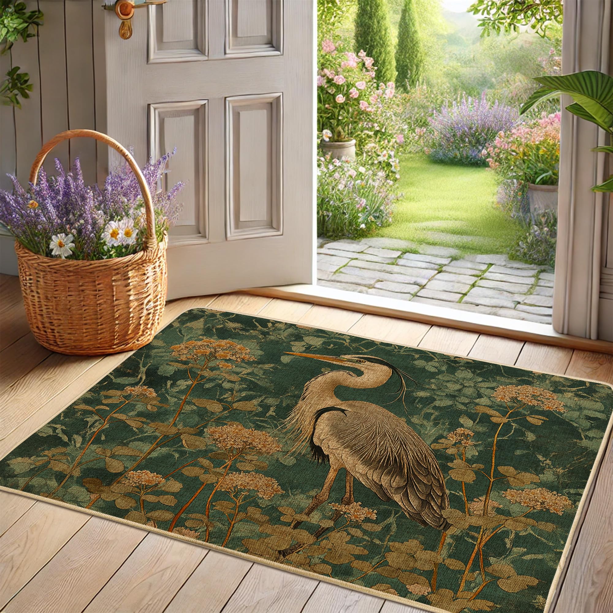 Elegant Heron Doormat, Green Floral Front Door Mat for Outdoor & Indoor Entrance Summer Decor, Rubber Waterproof Non-Slip Dust Absorbent, Easy Clean