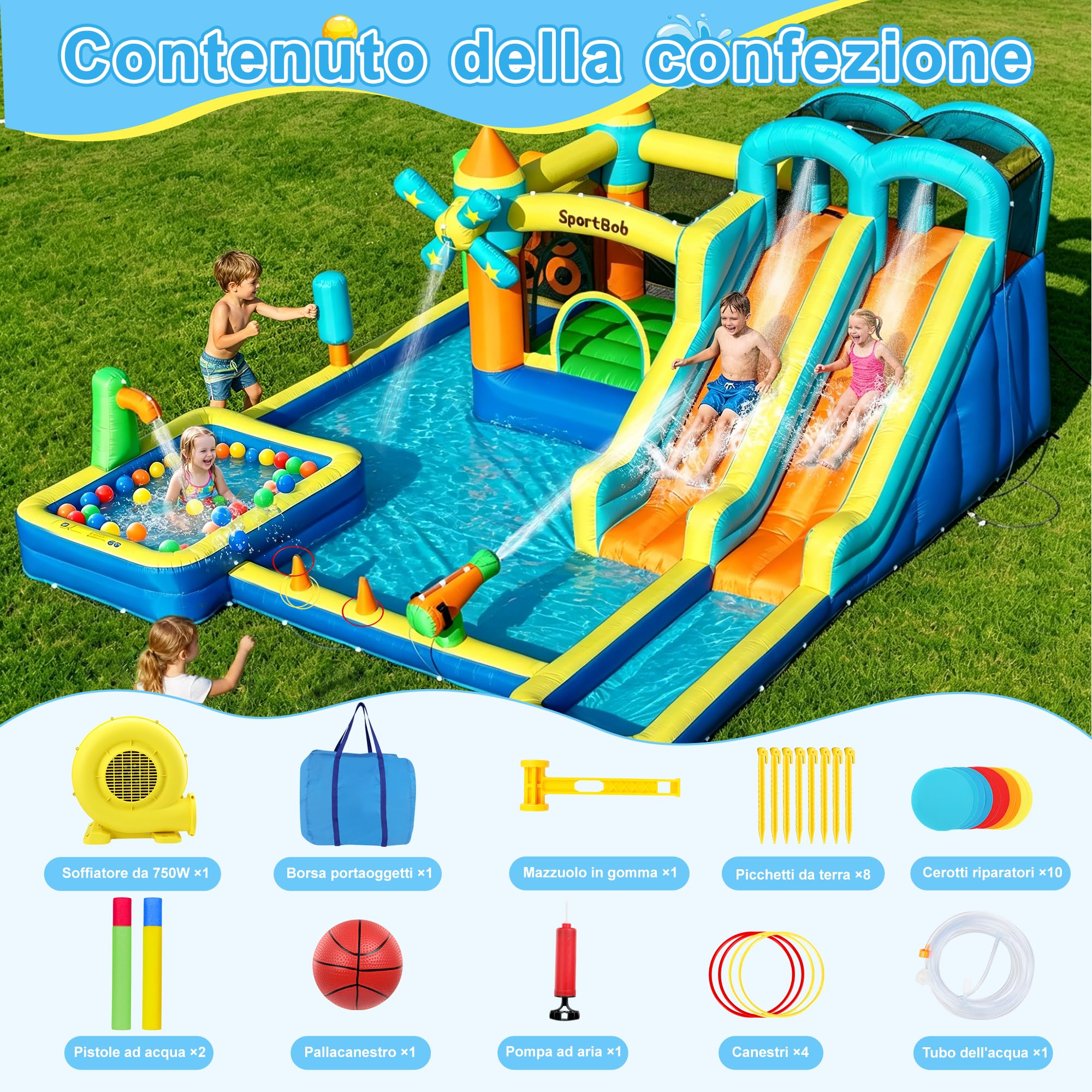 Castello gonfiabile con doppio scivolo, ventola, piscina per bambini, area per salti e parete da arrampicata, ideale per uso interno ed esterno, riunioni di famiglia e occasioni di compleanno
