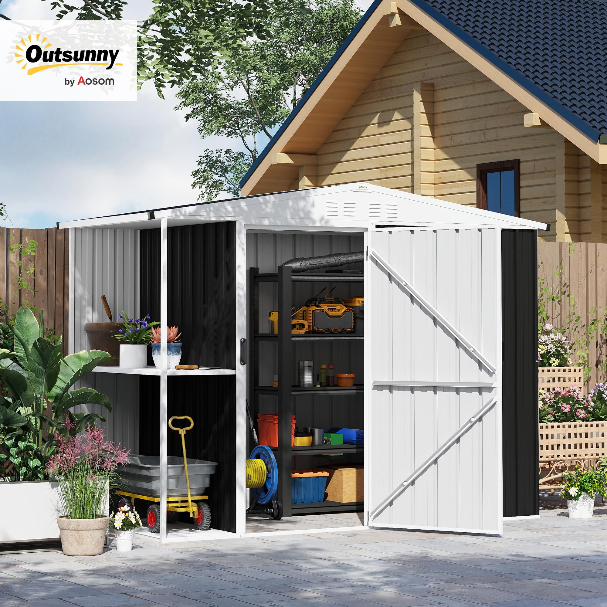 Outsunny Caseta de Jardín Exterior 2,7m² 245x117x180 cm Cobertizo de Jardín Exterior con Estante de 2 Niveles 4 Ventilaciones y Puerta con Cerradura Cobertizo para Terraza Patio Gris Carbón