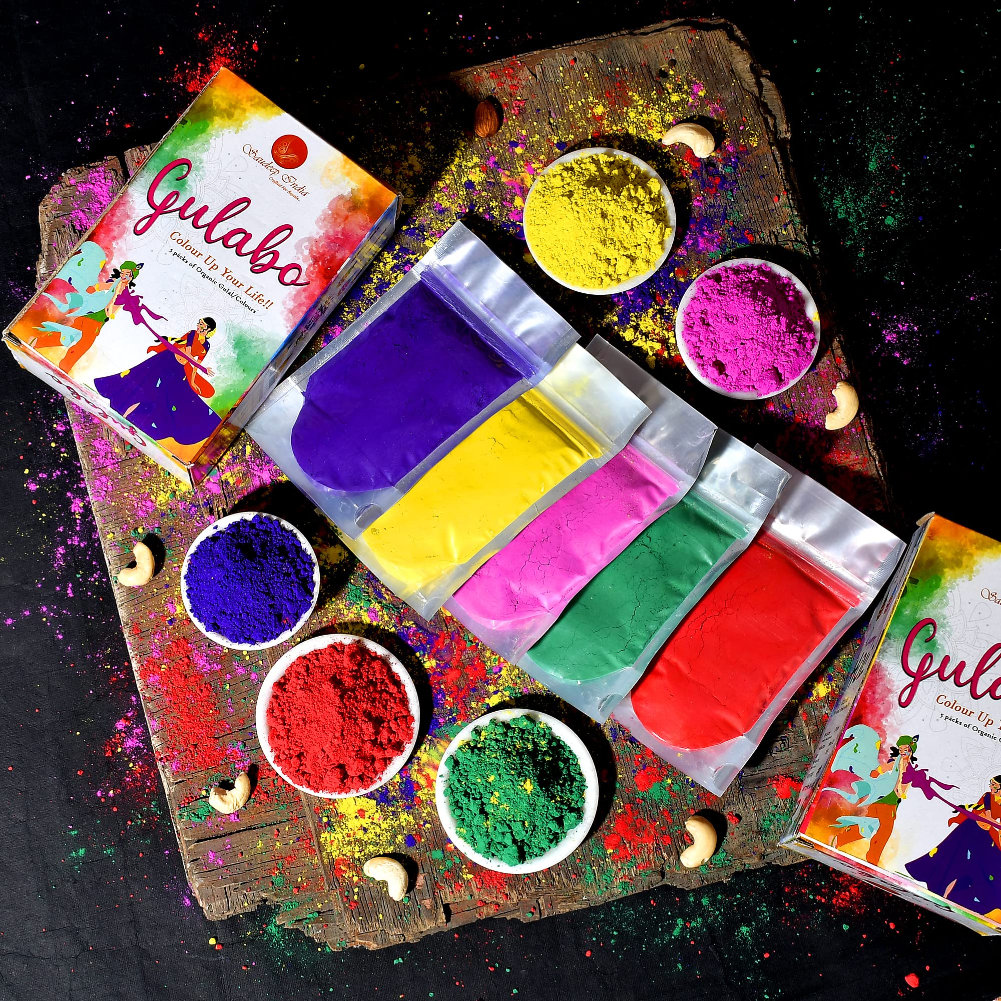 Saudeep India Gulabo Herbal and Non-Toxic Holi Gulal Color Box(5 Pouch, 200gm Each, 1kg Total)