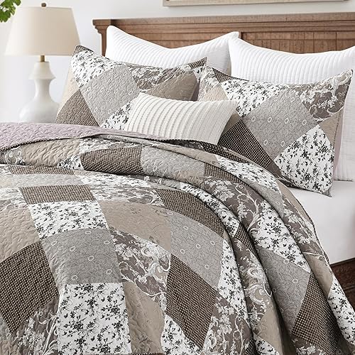 HIARUO Juego de edredón tamaño Queen de 3 piezas, colcha de retazos florales, cubrecama cobertor bohemio a cuadros reversible ligero de estilo