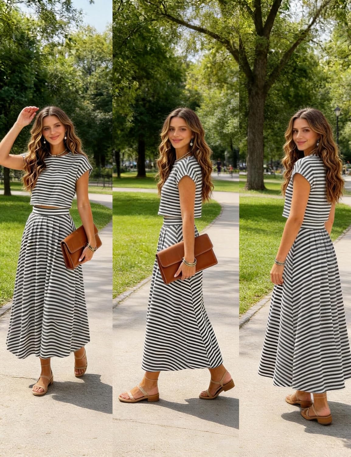 Zontroldy Women's Summer 2 Piece Outfits Striped Skirt Sets Cap Sleeve Crop Top Midi Dress Matching Travel Outfits thumbnail