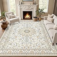 EXPEDIX 5x7 Washable Boho Area Rug - Non-Slip Stain-Resistant Soft Vintage Floral Beige Rug for Living Room Bedroom Dining Farmhouse