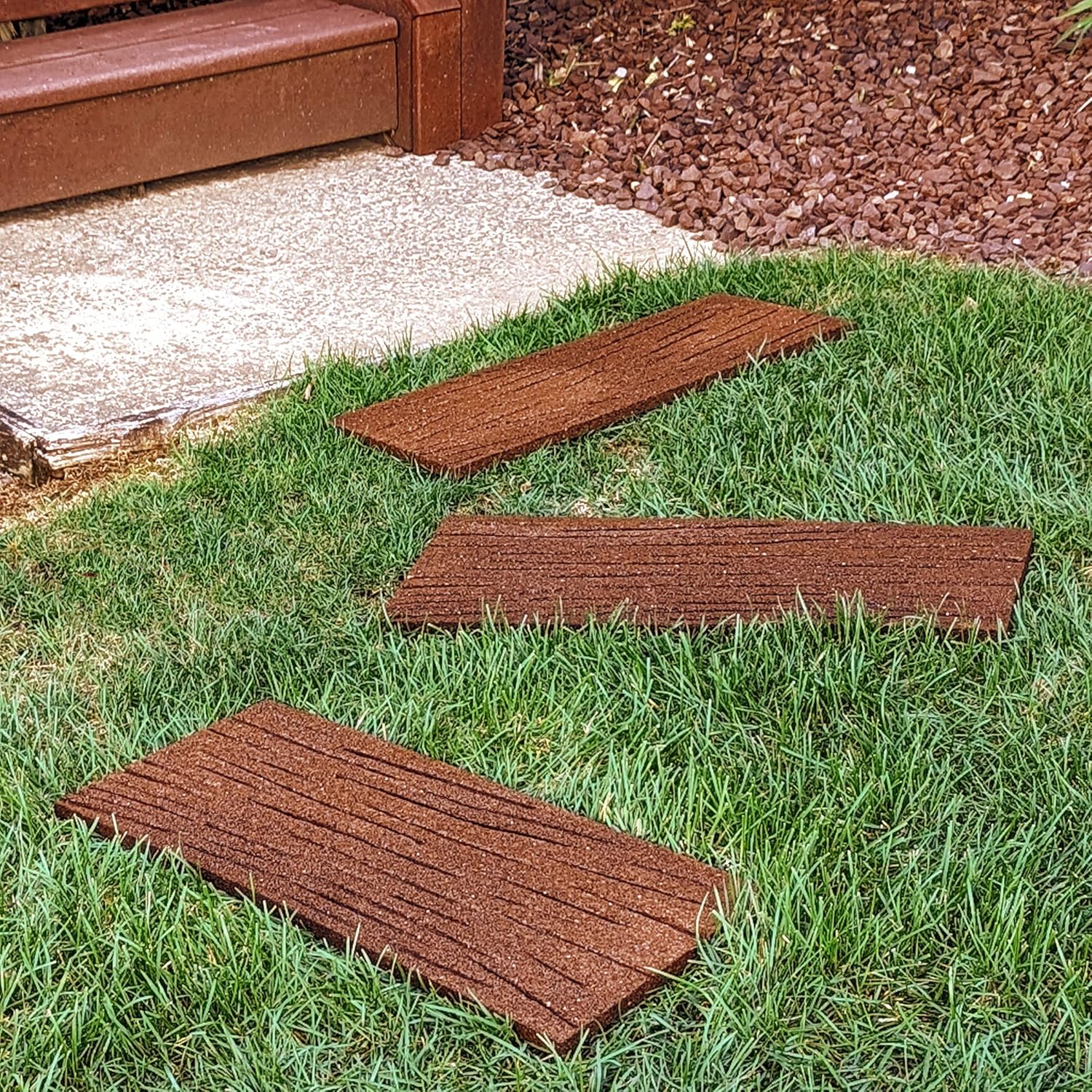 Flexon Railroad Tie Stepping Stones, Set of 3, Durable Recycled Rubber, Brown, Ideal for Patios, Walkways, and Garden Decoration