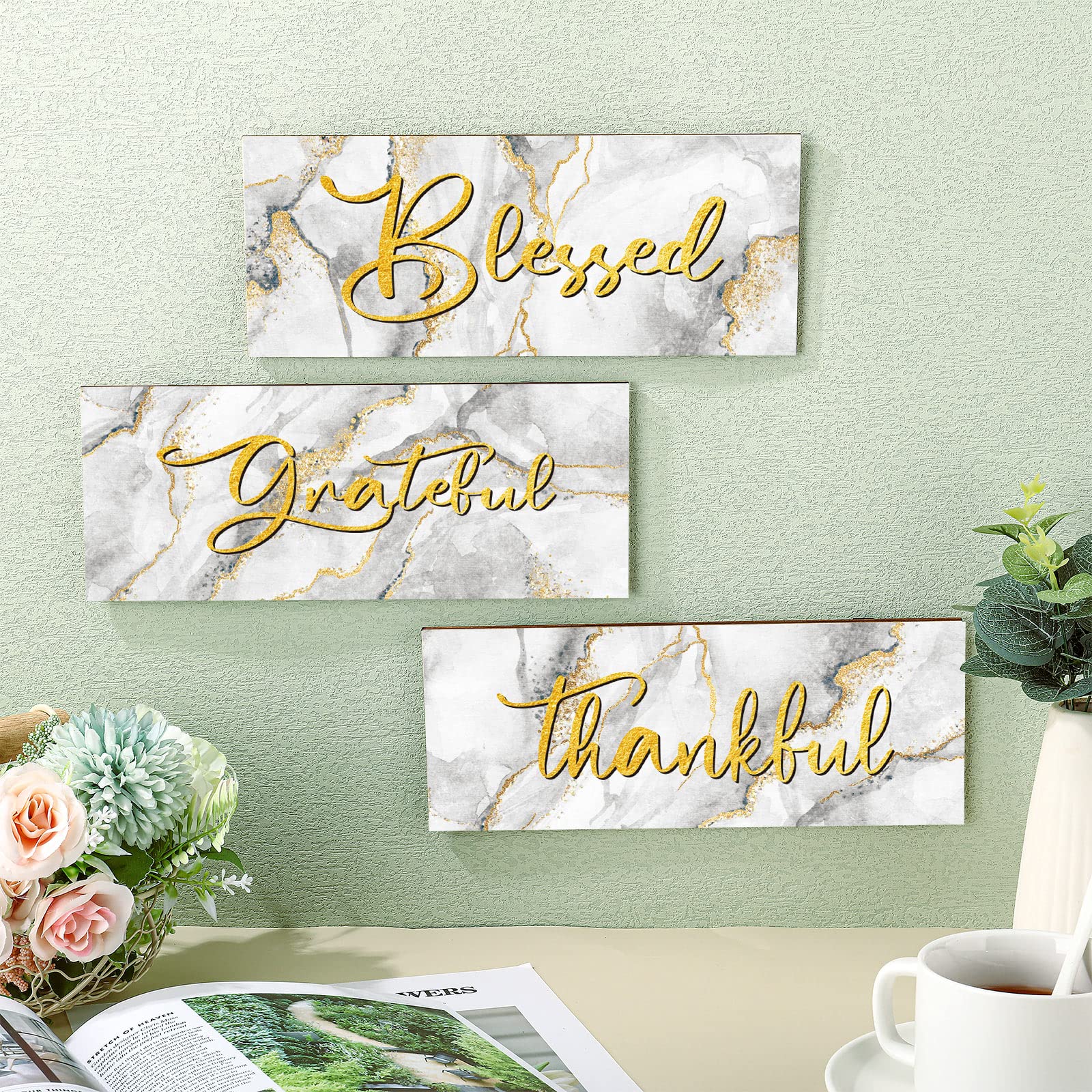 Gerrii 3 Pcs Thankful Grateful Blessed Wall Decor for Thanksgiving Christmas Abstract Marble Style Wall Decor Art Modern Wooden Hanging Wall Signs Plaque for Home Living Room Family (Fresh Style)
