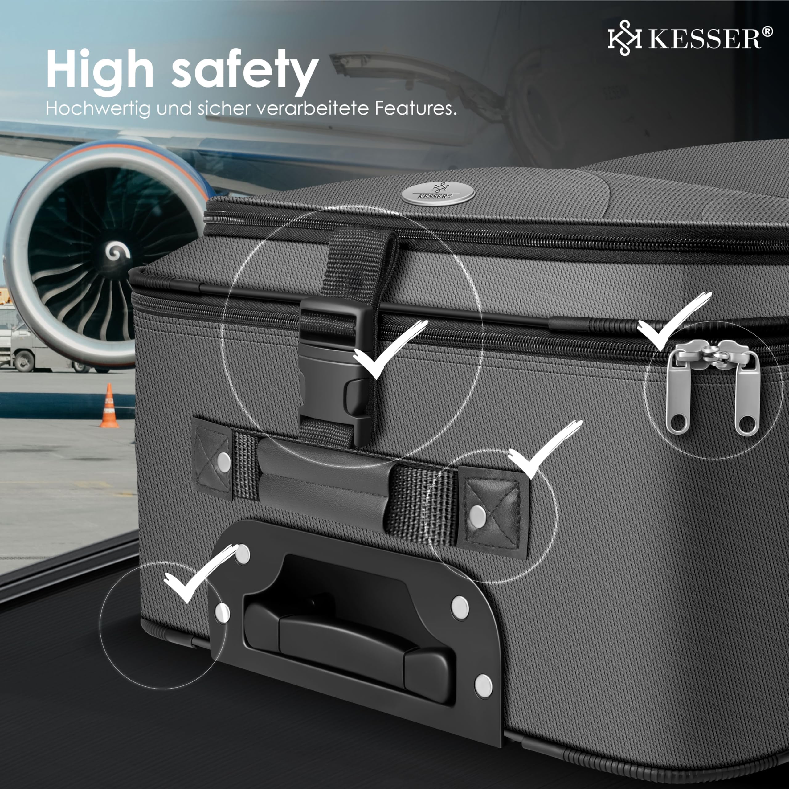 KESSER® Set di 4 valigie da viaggio con ruote, set completo da 4 pezzi, S M L XL, scomparto a rete, ruote, manico telescopico, valigetta da viaggio, bagaglio a mano, antracite.