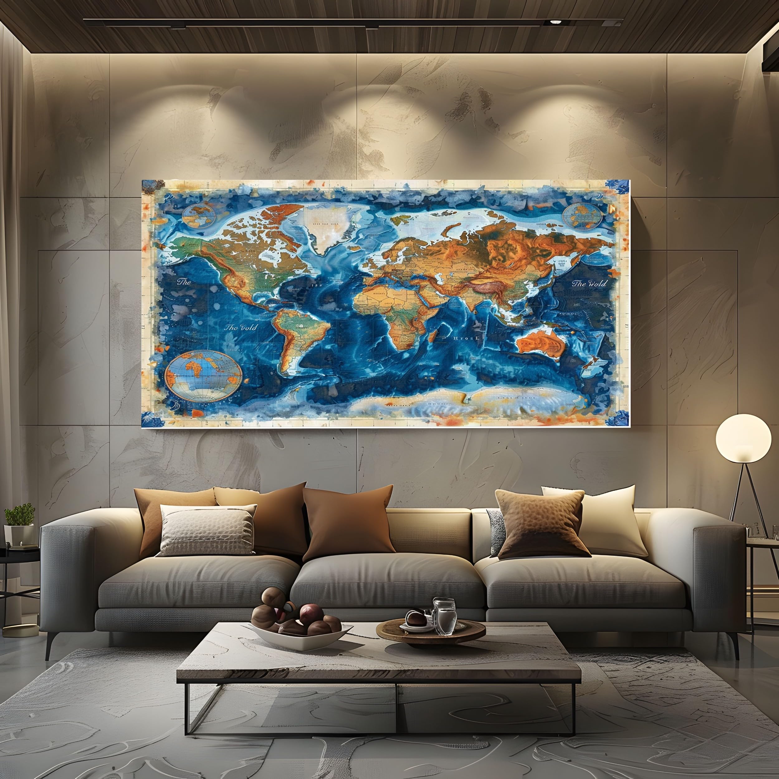 ZORYAN Vintage World Map Large Canvas Wall Art Painting Nautical Wave Canvas Pictures Wall Art for Living Room Home Office Restaurant Decor, 80x160cm Frameless
