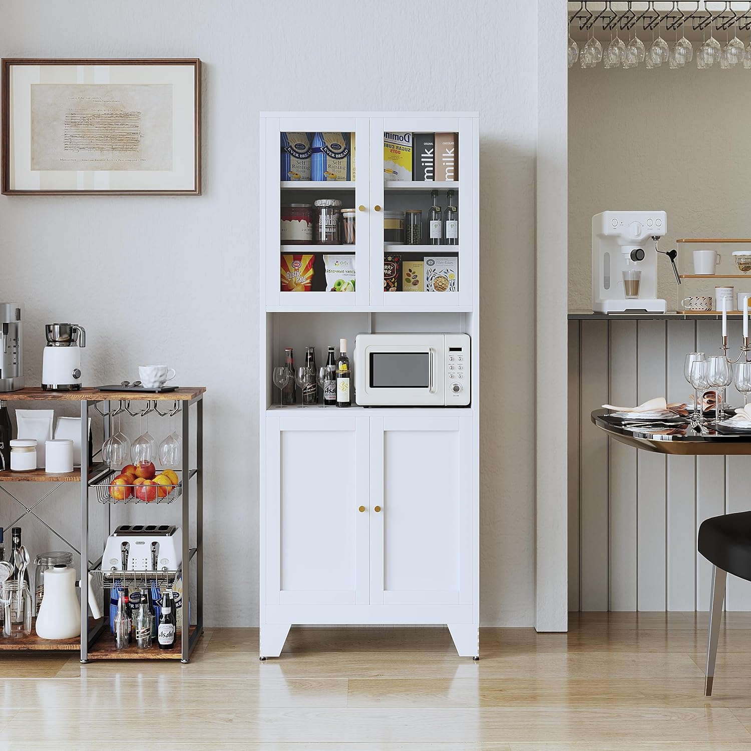 69" Tall Metal Pantry Cabinet with Microwave Stand,Microwave Storage Cabinet with 4 Doors & 3 Adjustable Shelves for Kitchen (4 Glass Doors-White, 13.78" D x 27.54" W x 68.9" H)