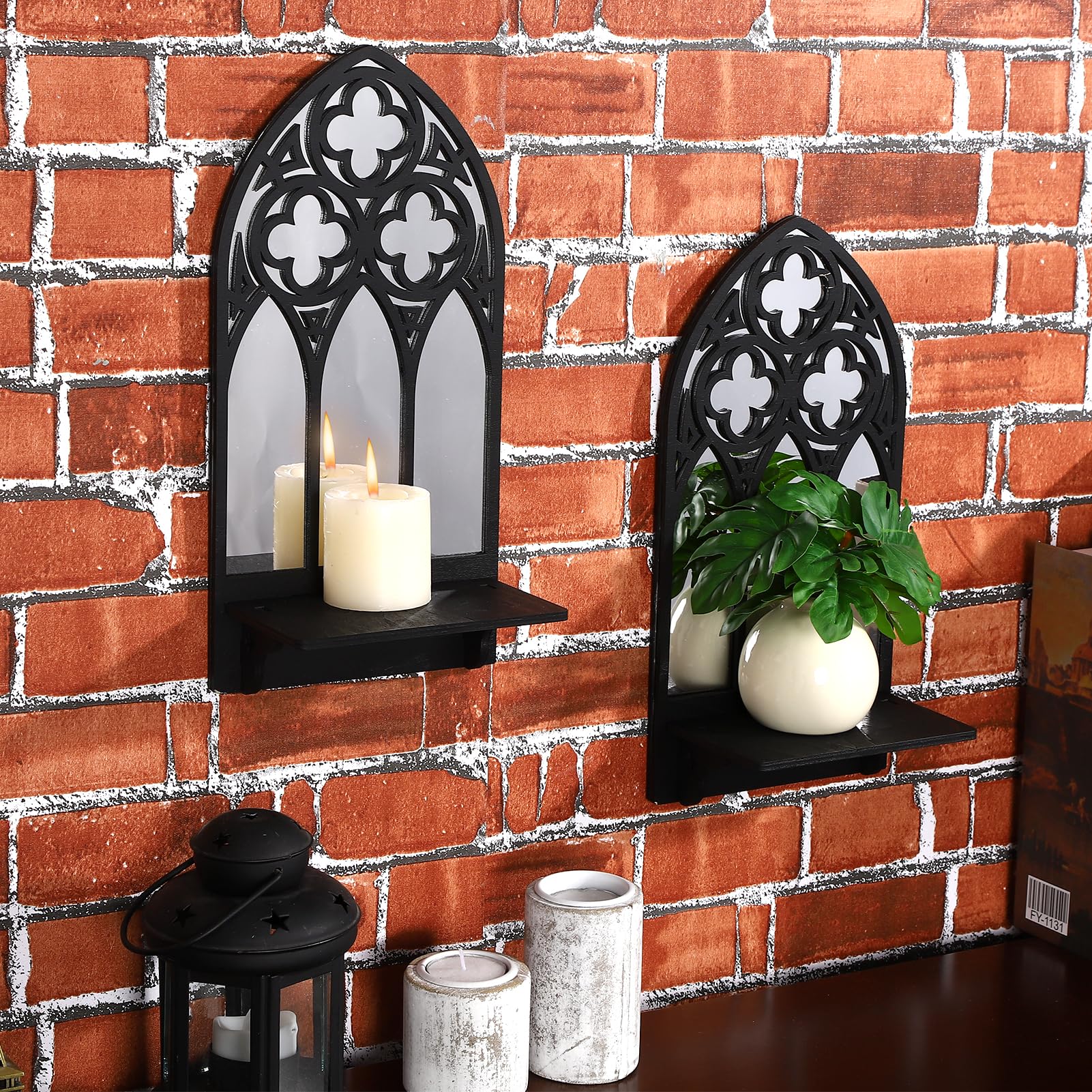 Ovveroche 2 Set Gothic Candle Sconces Wall Decor, Arch Cathedral Frame Gothic Wall Sconce Candle Holder for Bedroom, Bathroom, Dining Room, Living Room, Black