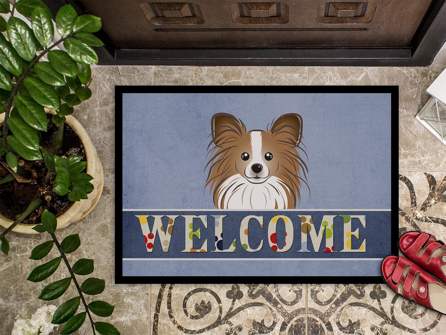 Caroline's Treasures BB1434MAT Papillon Welcome Doormat 18x27, Blue Front Door Mat Indoor Outdoor Rugs for Entryway, Non Slip Washable Low Pile, 18H X 27W
