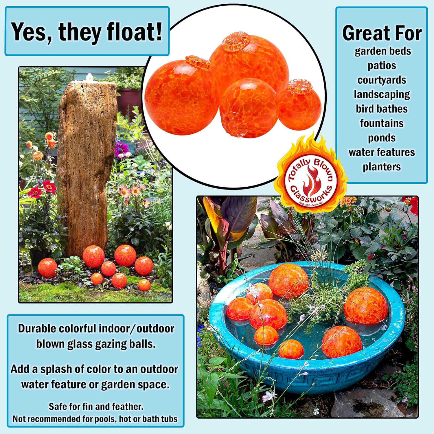 Pond Float. Handmade Blown Glass, Garden Gazing Ball, Table Centerpiece, Assorted Home and Patio Decor. Artist Dehanna Jones. Seattle, WA. (Orange)