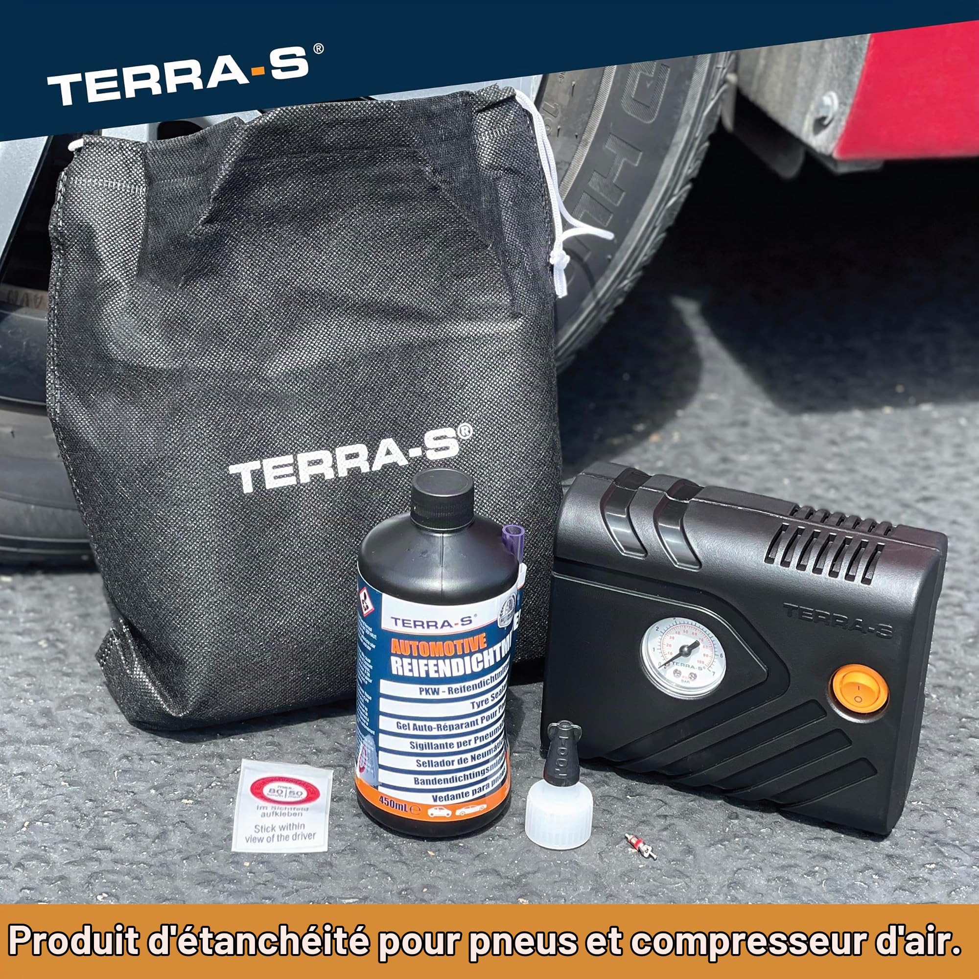 TERRA S T56000 T56000 Kit de réparation de pneu mobile d'urgence avec mastic et pompe à pneu Convient pour voiture et autres véhicules 15 minutes