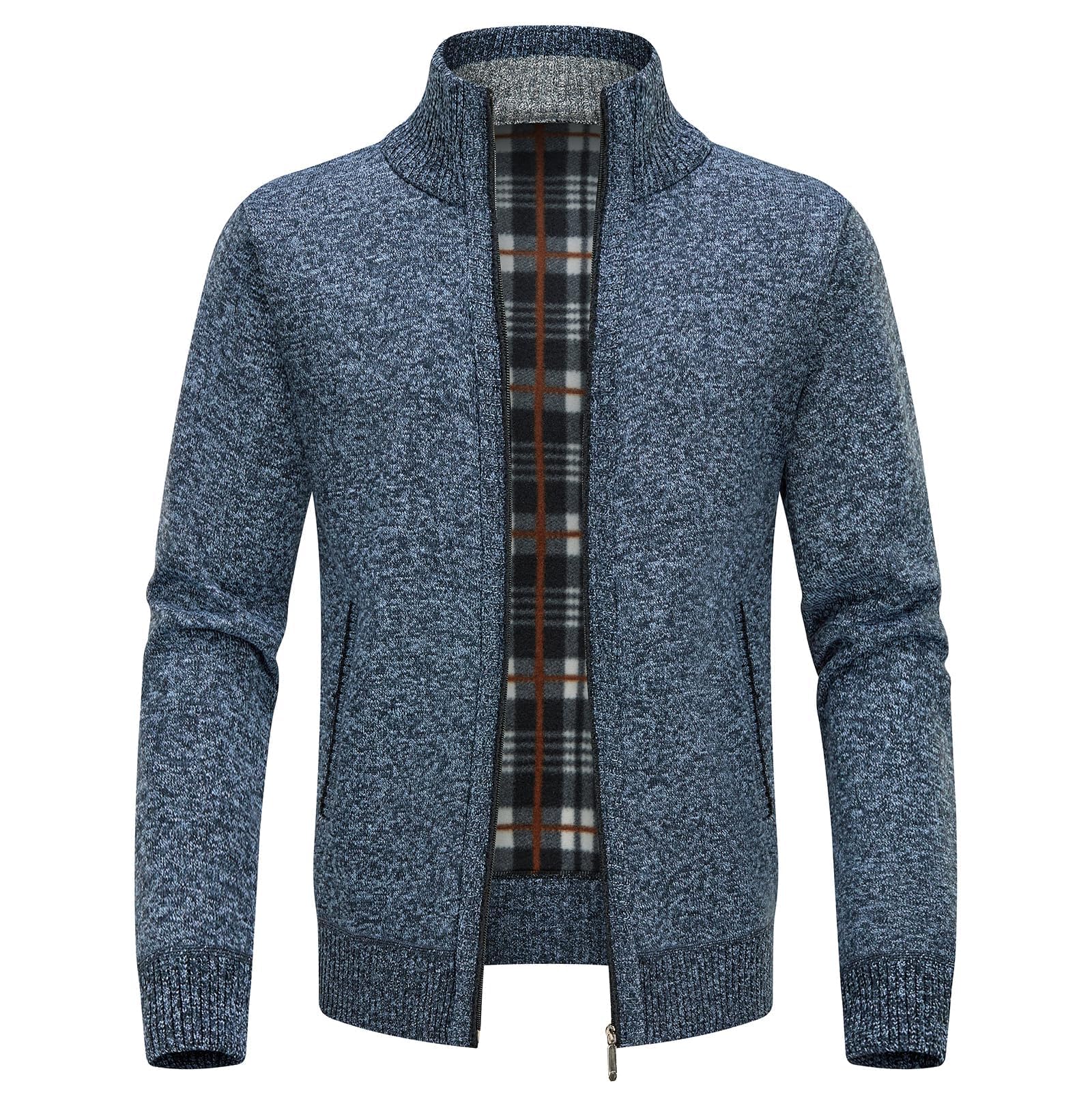 kudoro Men's Cardigan Traditional Jacket with Zip Knitted Winter Coat Cardigan Sweat Jacket Fine Knit Winter Jacket with Stand-Up Collar Fleece Jacket Long Sleeve-picture-49