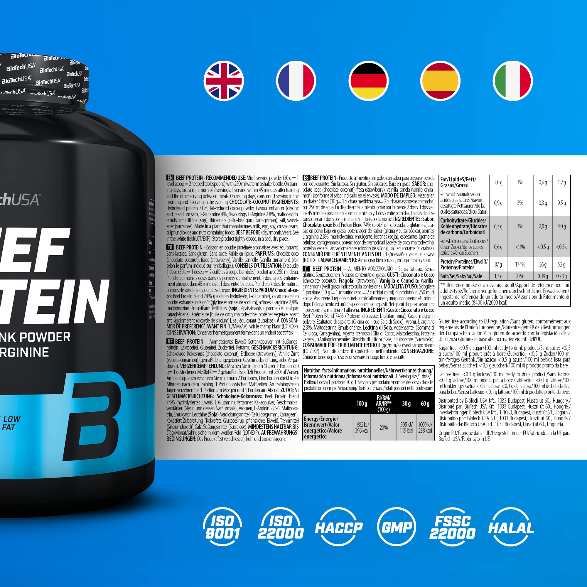 BioTechUSA Beef Protein | Hydrolysiertes Rinderprotein-Peptid | 87 % Proteingehalt | Mit L-Glutamin & L-Arginin | Ohne zugesetztes Kreatin | Zuckerfrei, Fettarm | 1,816 kg, Schokolade-Kokos
