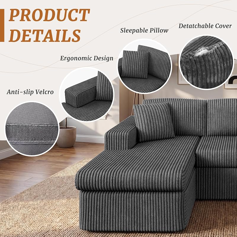 Shintenchi 103" Boneless Couch, L Shaped Modular Sectional Sofa with Deep Seat, Cloud Foam Couch with Oversized Chaise Lounge, No Assembly Required Plush Corduroy Living Room Furniture, Iron Gray image 5