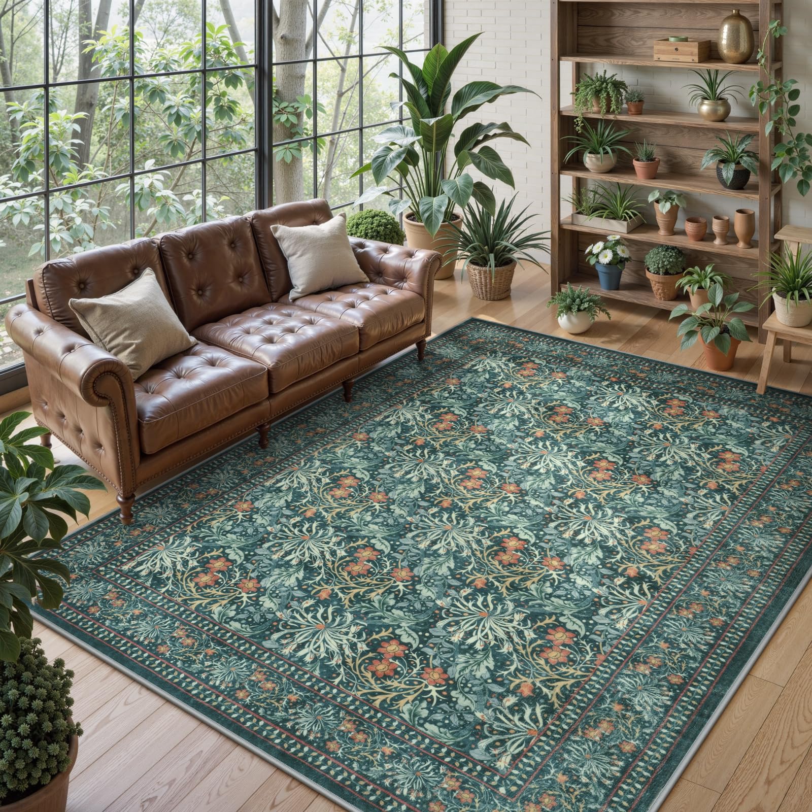 Collive 8x10 Area Rugs for Living Room, Washable Boho Vintage Floral William Morris Botanical Large Rug, Soft Non Slip Low Pile Stain Resistant Carpet