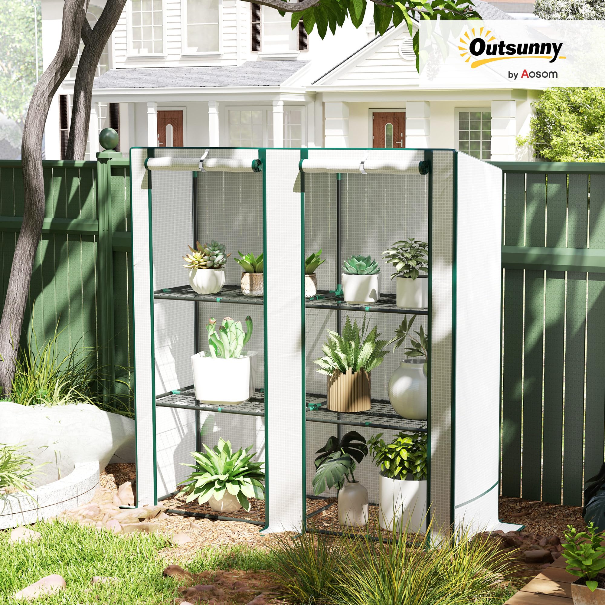 Outsunny Serra da Giardino con 2 Porte Avvolgibili, Scaffale a 3 Ripiani e Tasche Laterali, Struttura in Acciaio e Copertura in PE, Serra per Orto per Piante e Fiori, Protezione Anti UV, Bianco Verde