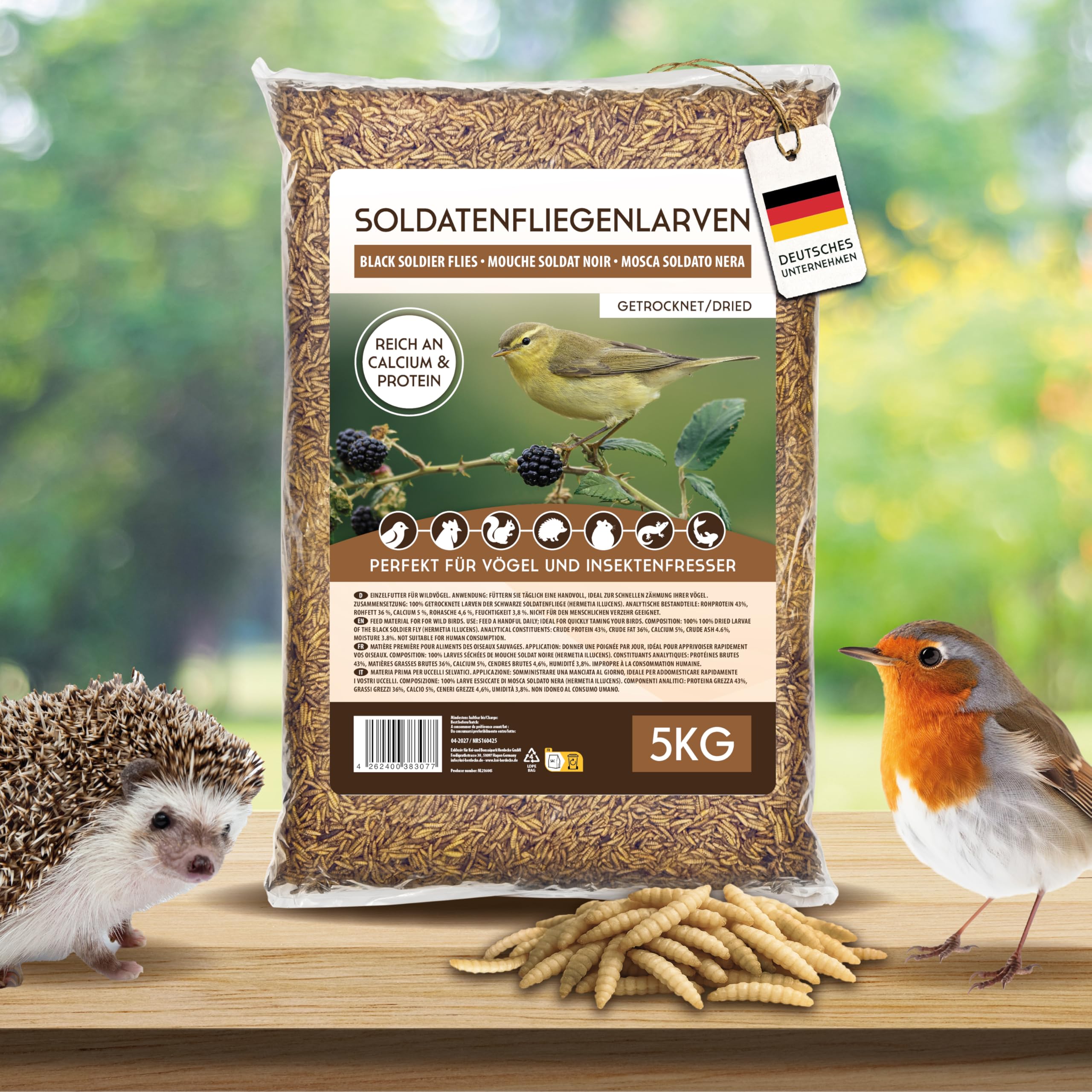 Koi-Herdecke getrocknete Soldatenfliegenlarven 5kg, Black Soldier Fly - wie Mehlwürmer, Reich an Proteinen und Nährstoffen, Naturfutter für Vögel, Fische, Nager und Reptilien