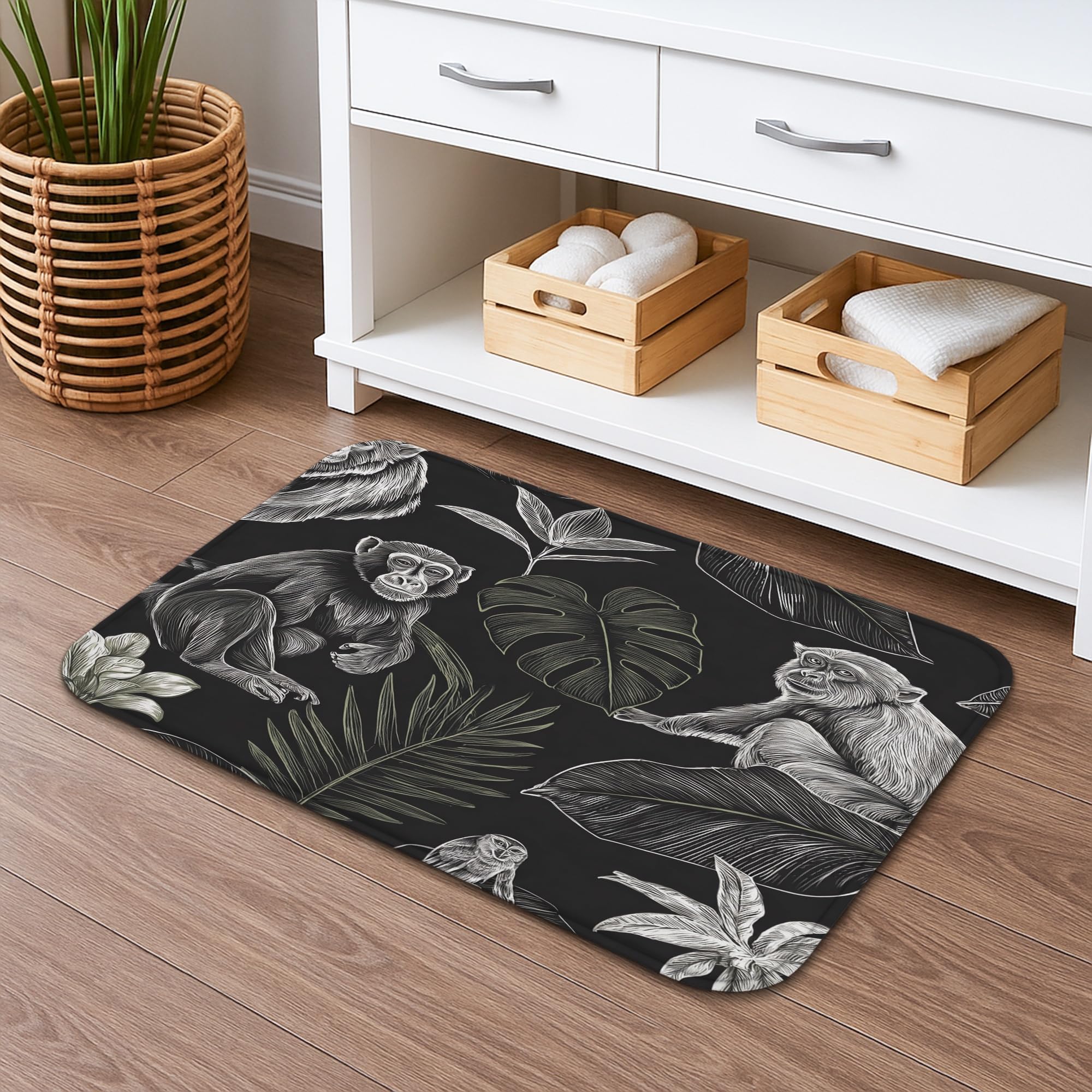 Tropical Monkeys Quick Dry Bath Mat, Jungle Animal Leaves Absorbent Non Slip Shower Rug, Modern Memory Foam Washable Bath Rugs for Bathroom Toilet Restroom Decorative 20x32 Inch
