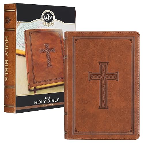 KJV Holy Bible, Standard Size Faux Leather Red Letter Edition Thumb Index, Ribbon Marker, King James Version, Honey Brown Cross Emblem (KJV Deluxe Gift Editions)
