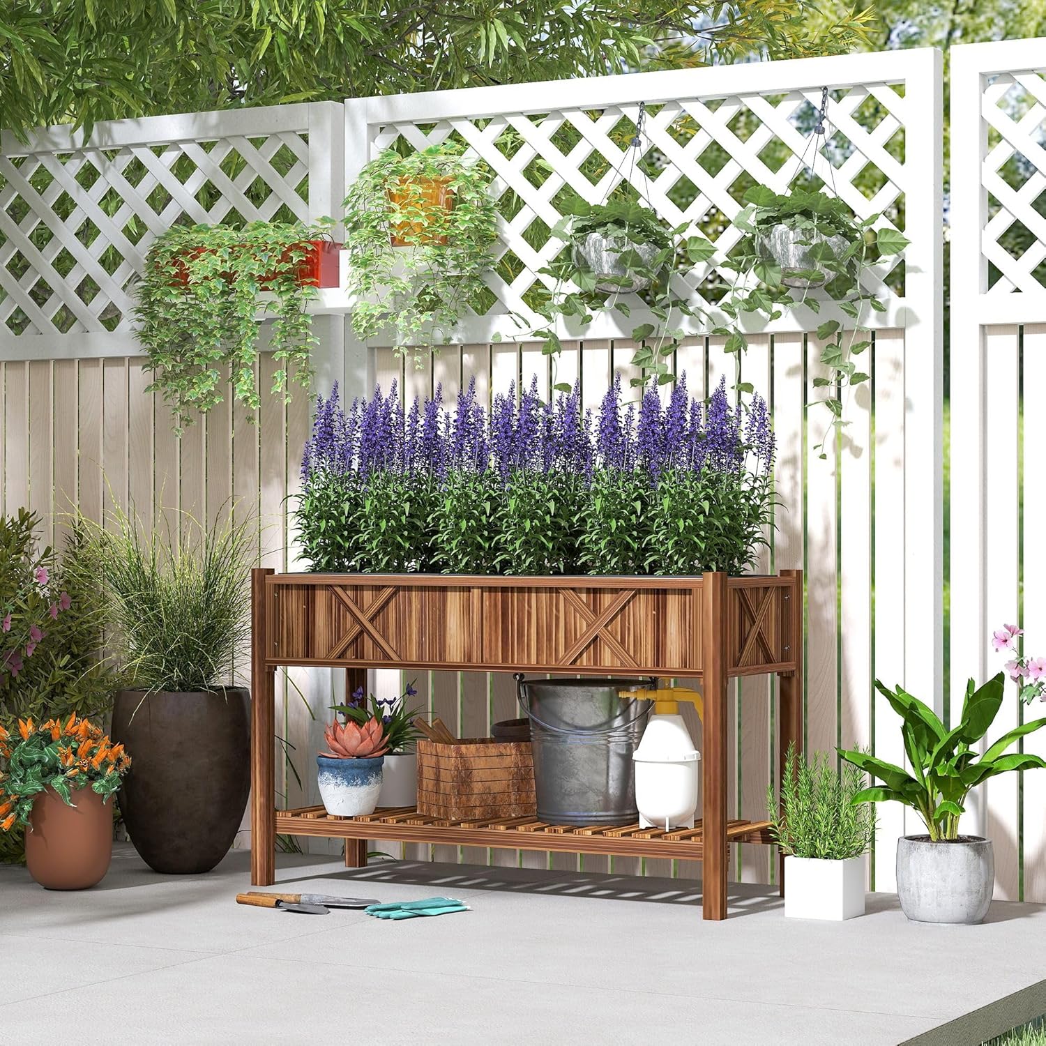 47x22x31.5in Durable Raised Garden Planter Box Featuring Storage Shelf, Advanced Drainage Holes, Plastic Liner, Carbonized Surface