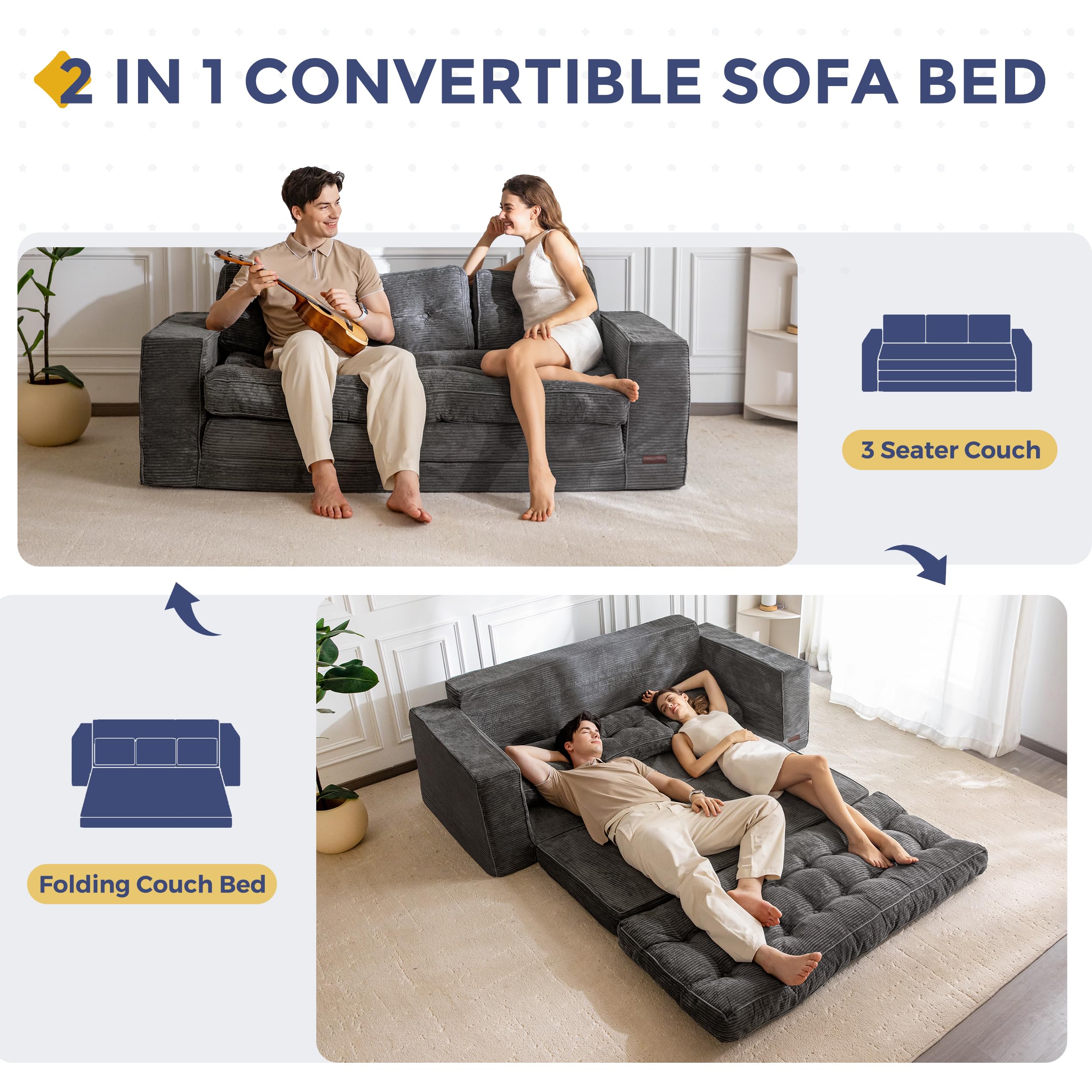 MAXYOYO Bodensofa Schlafsofa 190cm Breit mit Kissen, 2-in-1 Klappbar Cord Sofa 3 Sitzer mit Schlaffunktion, Liegefläche 101x196CM für Wohnzimmer, Schlafzimmer, Lounge | Ausziehbares Schlafsofa mit 2 Kissen, bequemes 2-in-1-Schlafsofa 3-Sitzer, 190x85 cm,