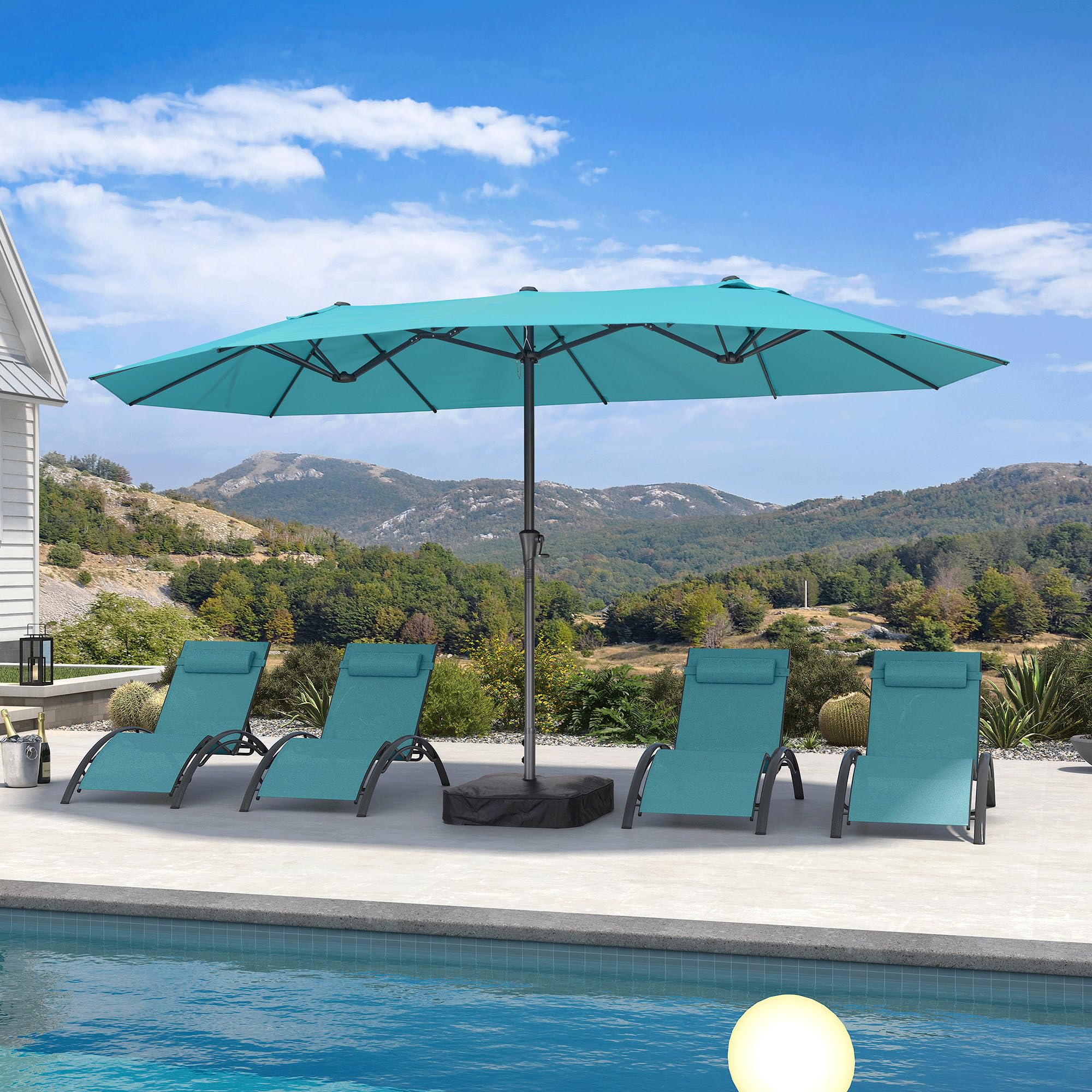 PURPLE LEAF 14ft Patio Market Umbrella Outdoor Double-Sided Umbrella with Base and Crank Rectangle Table Umbrella for Pool Deck Garden, Turquoise