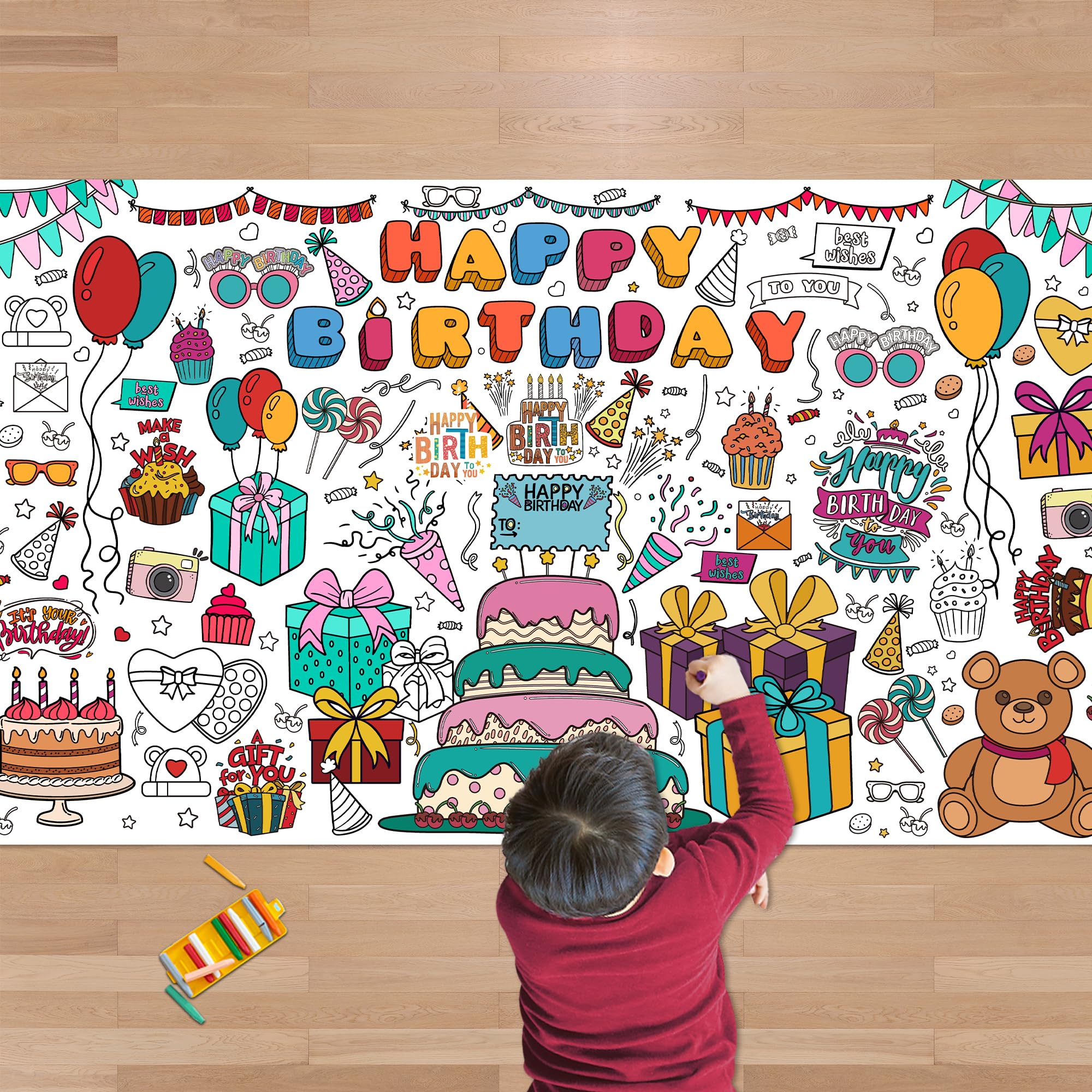 OHOME Birthday Giant Coloring Tablecloth - Birthday Decorations - Arts and Crafts for Kids Ages 8-12,Kids Crafts for 4 5 6 7 8 9 10 Year Old Girl Boy Gift,School Stuff Supplies for 4-8