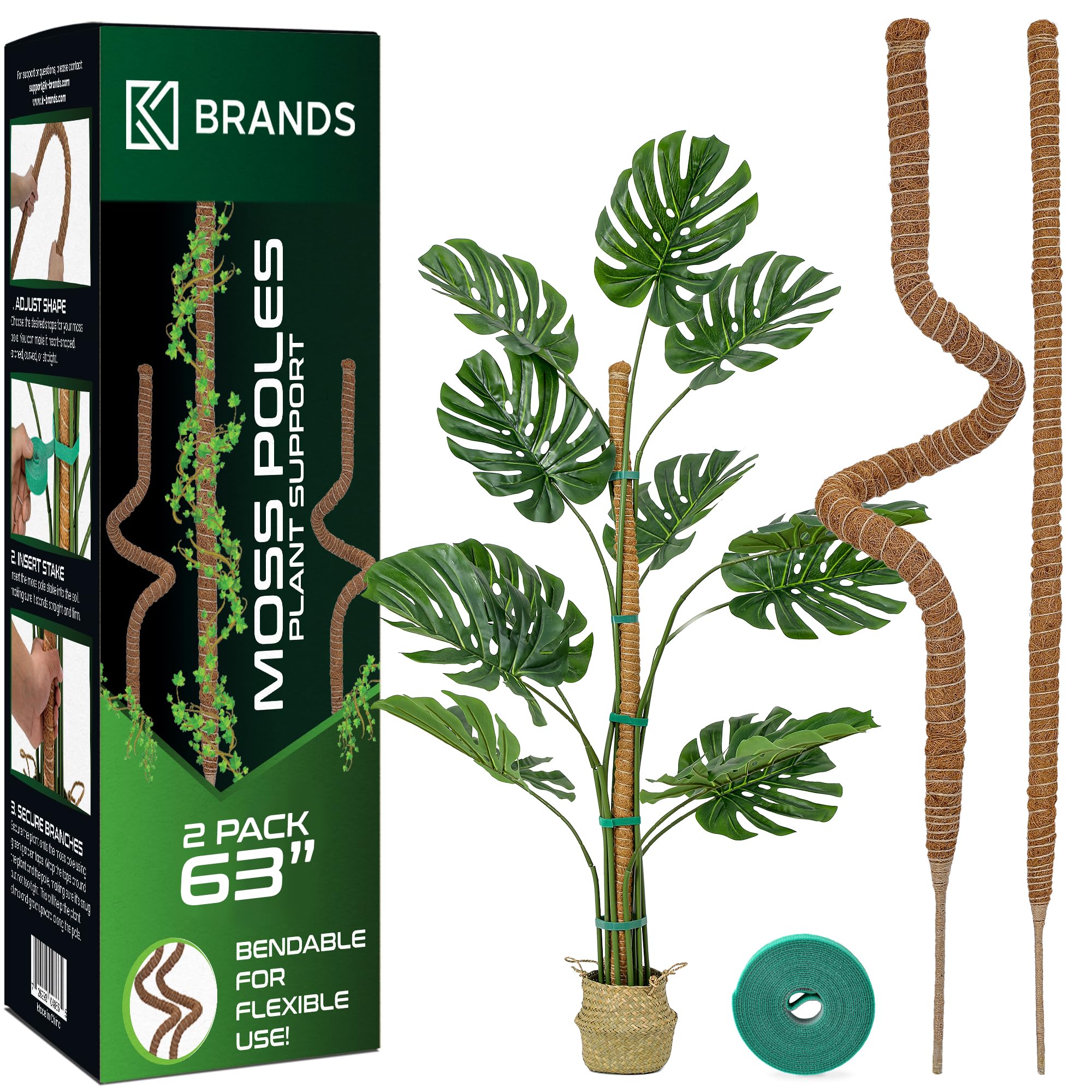 K-Brands 2 Pack Moss Pole - 63'' Monstera Plant Support - Moss Poles for Climbing Plants Monstera - Bendable Plant Pole Plant Sticks Support - Plant Stakes kit for Indoor Plants…