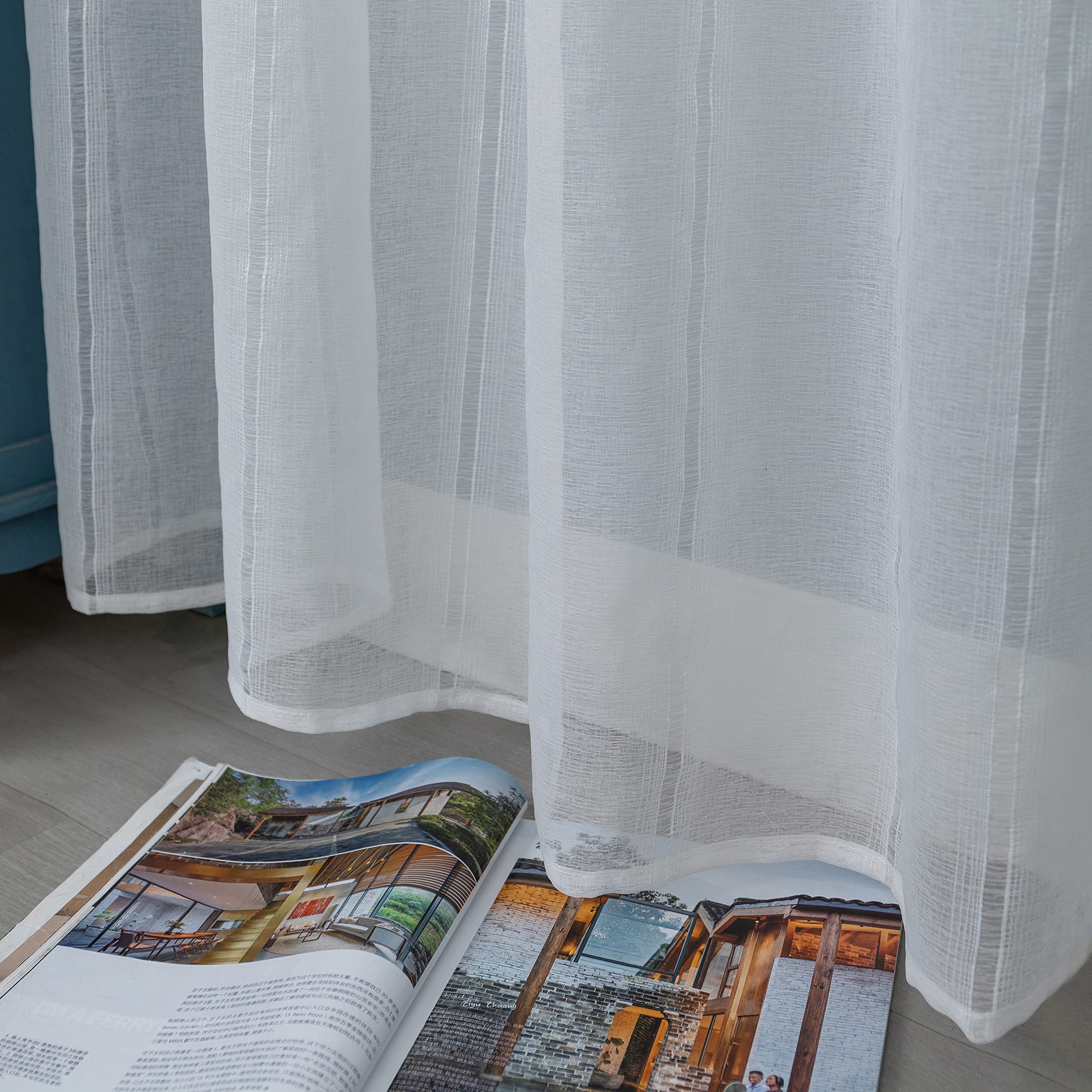 1 Paar Voile-Vorhänge in Leinenoptik, weiß, gestreift, für Wohnzimmer, Schlafzimmer, Balkon und Fenster im Innenbereich, 2 Vorhänge mit Ösen (Weiß, 140 x 290 cm)