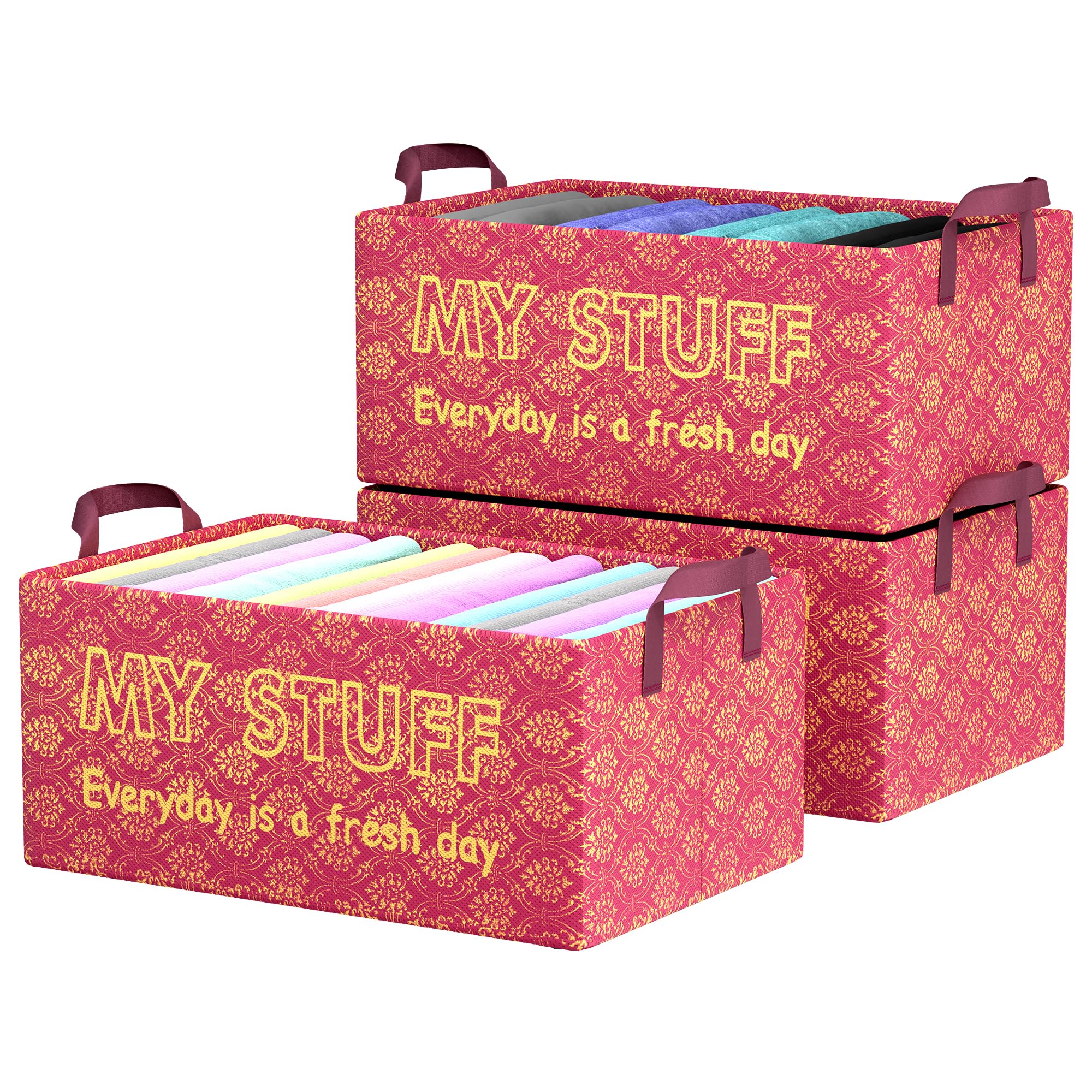 Kuber Industries Pack of 3 Foldable Non-Woven Storage Box for Clothes | Dress & Towel Organiser for Wardrobe | Collapsible Container Basket - Maroon