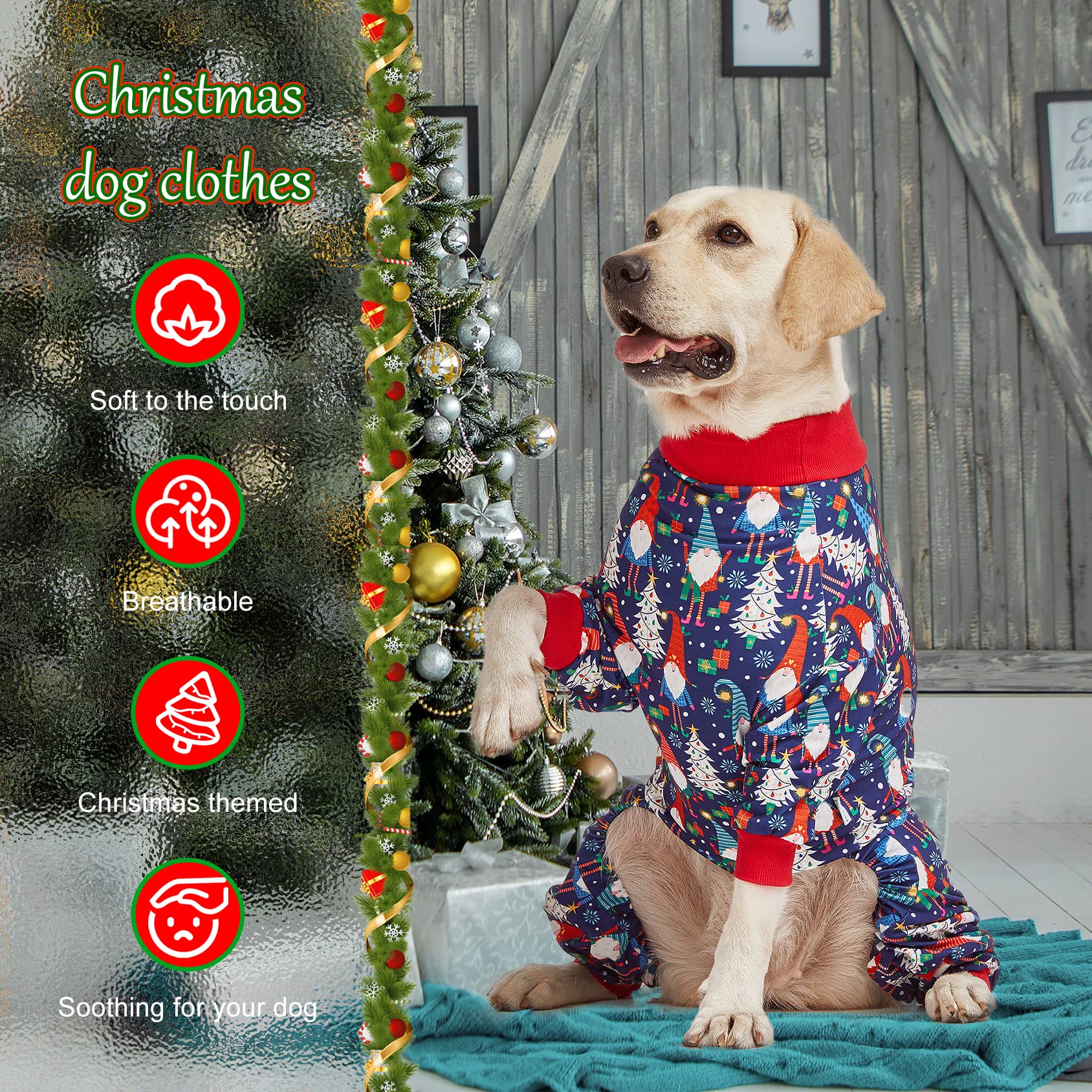 LovinPet Christmas Pajamas for Large Dogs - Long Sleeve Holiday Costume, Lightweight Pullover, A Gnome to FA La in Navy, Pitbull Clothes, Onsie, Xmas Outfit XXL