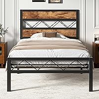 Vista 1 de VECELO Twin Size Bed Frame with Headboard, Heavy-Duty Platform Bedframe with Metal Slats Support, No Box Spring Needed, Easy Assembly, Black & Brown