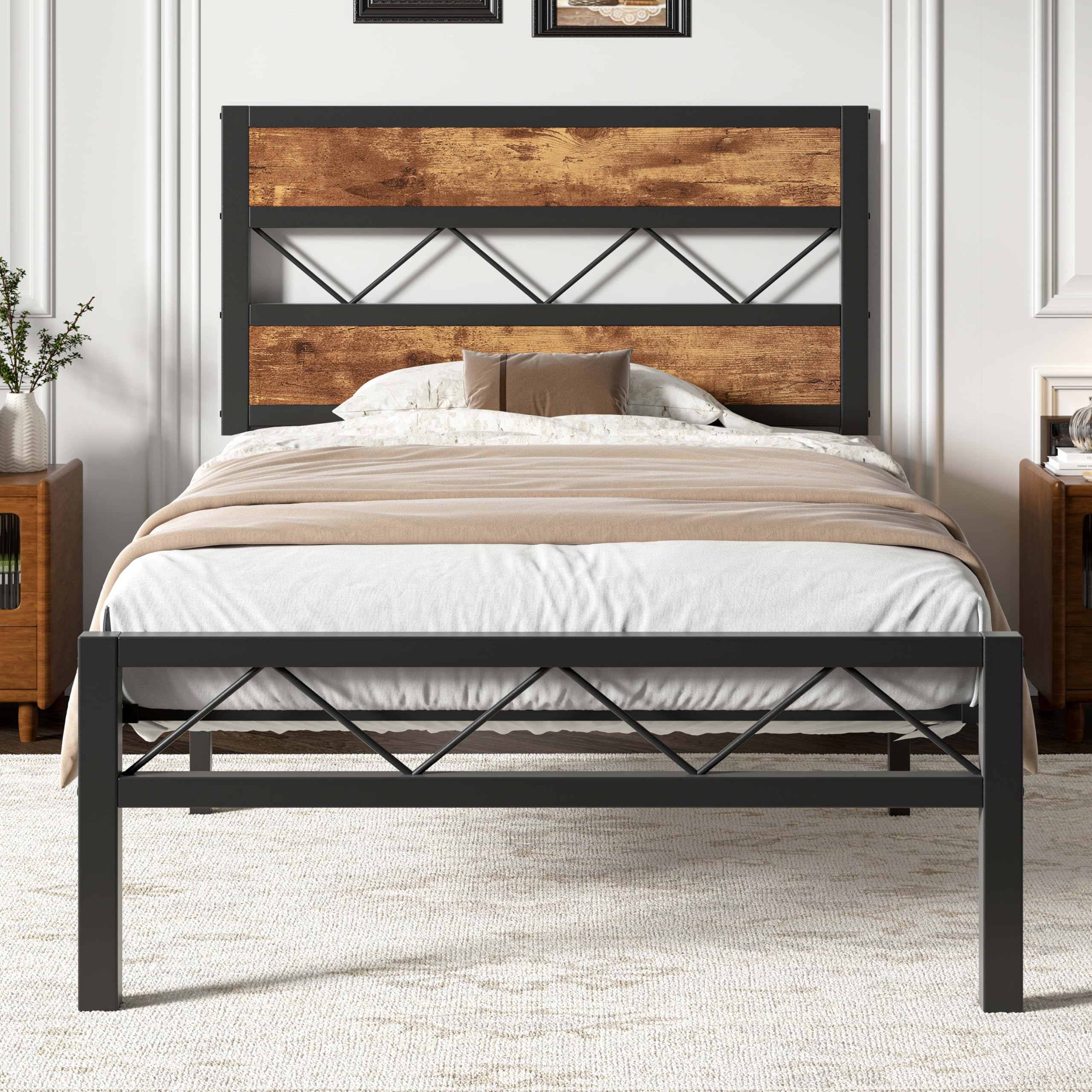 VECELO Twin Size Bed Frame with Headboard, Heavy-Duty Platform Bedframe with Metal Slats Support, No Box Spring Needed, Easy Assembly, Black & Brown