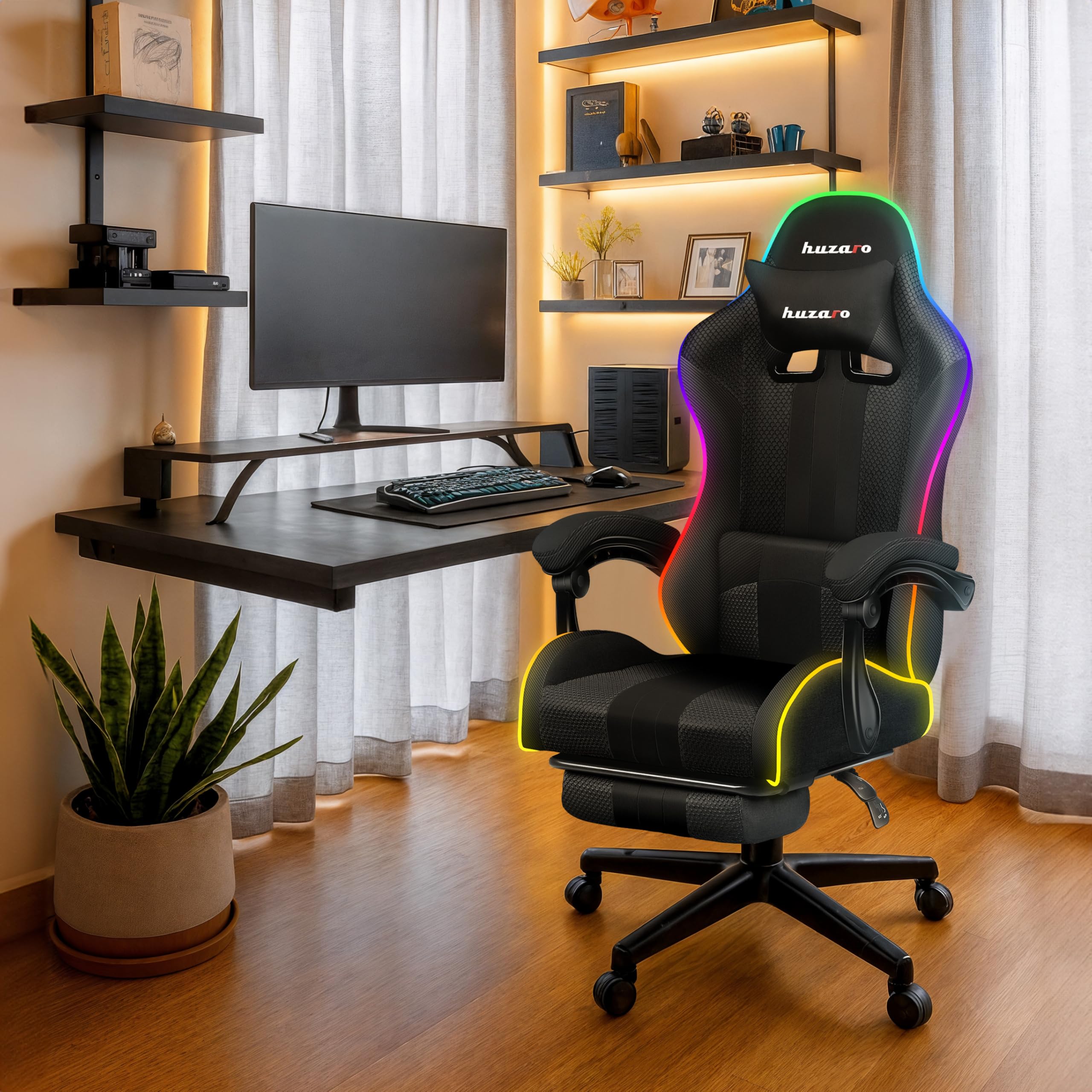 huzaro Force 4.7 RGB Gaming Stuhl - Ergonomischer Bürostuhl & PC Stuhl | Schreibtischstuhl für Gamer - Bis 150 kg belastbar - Mit ausziehbarer Fußstütze & Lendenkissen - Stoff Mesh - Schwarz
