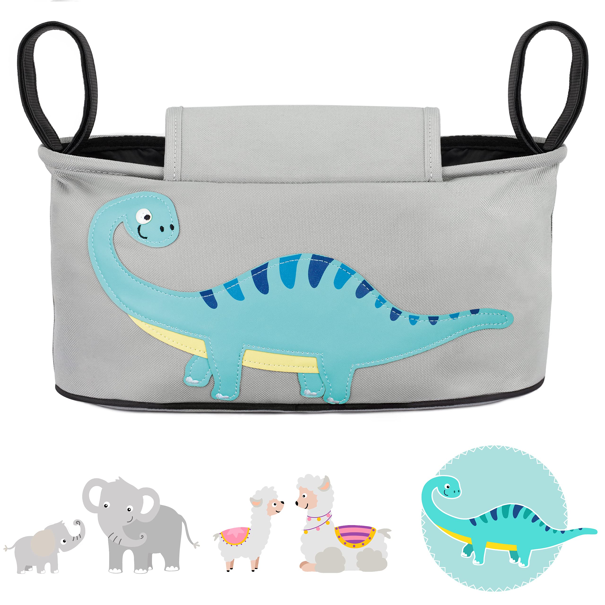 GLÜCKSWOLKE Sac Organisateur Poussette – 6 Motifs I Sac pour Landau I Pochette avec Distributeur de Lingettes I Baby Bebe Accessoire Garcon et Fille I Sacoche de Rangement - Motif Dinosaure Gris