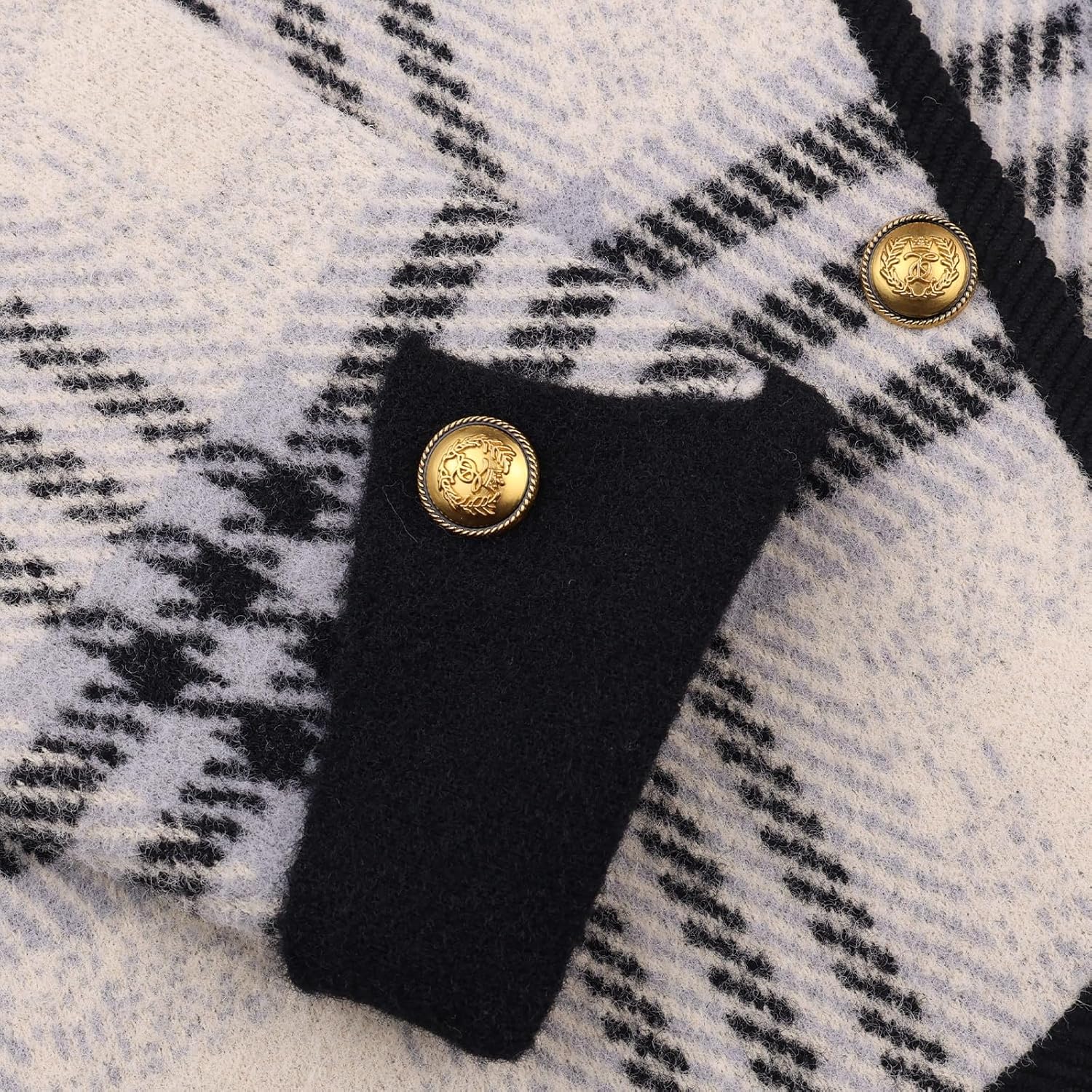 HOULENGS Women's Vintage Long Sleeve Plaid Print Cardigan Sweater Button Down Lapel Knit Sweater Coat with Pockets - Image 6