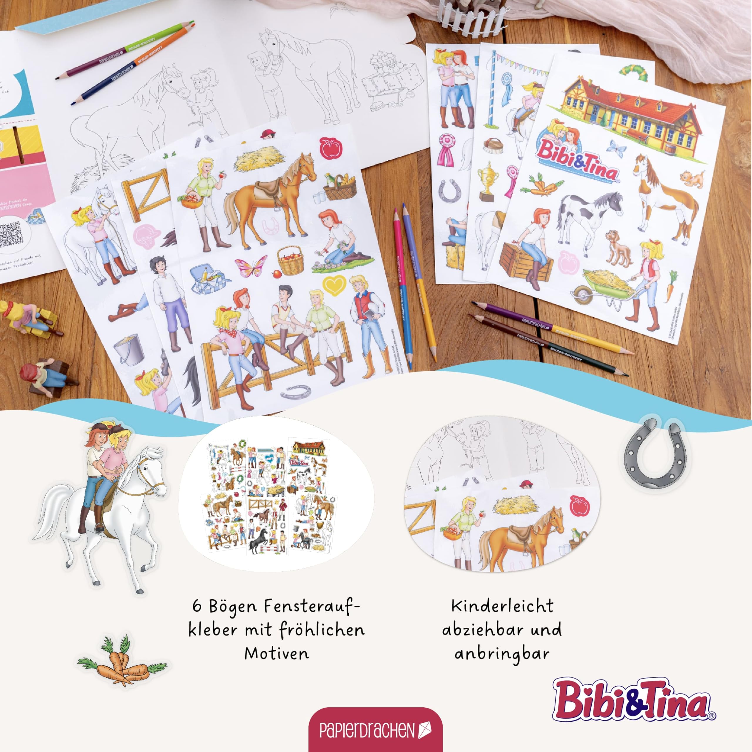 Papierdrachen WTD Fensterbilder Bibi & Tina - 6 hojas de pegatinas y pegatinas, estáticas y reutilizables, decoración de caballos para habitación infantil